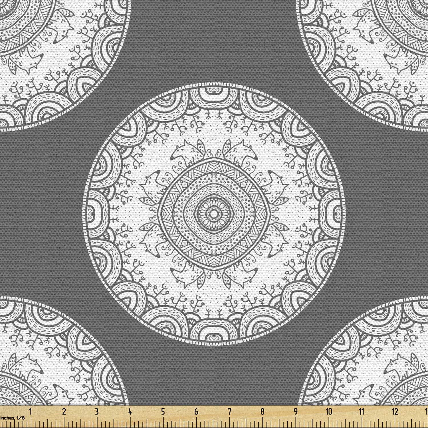 Lunarable Mandala Fabric by The Yard, Round Mandala Pattern with Forest and Foxes Ornamental Doodle Illustration, Decorative Fabric for Upholstery and Home Accents, 2 Yards, White Grey