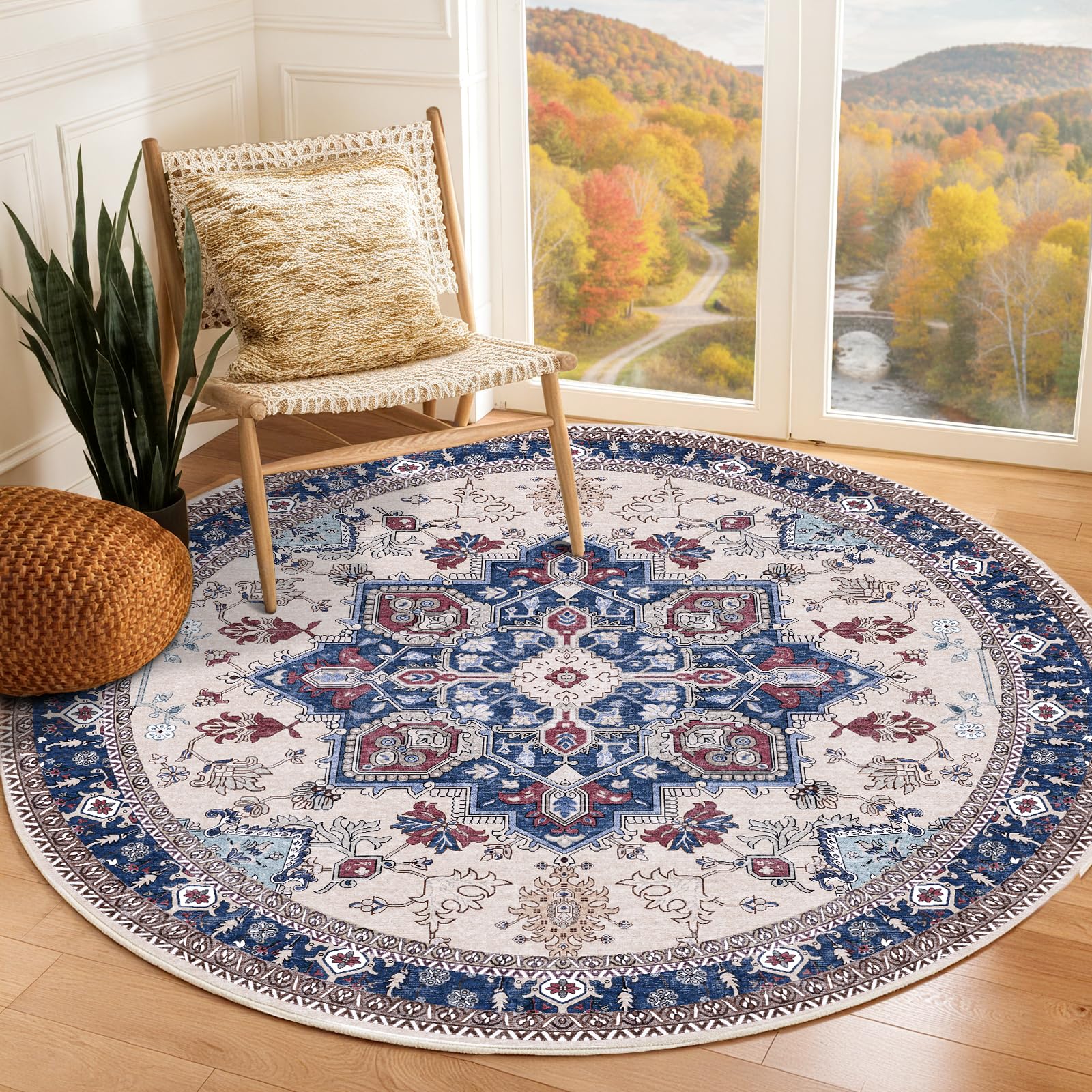OPPODREAM Round Rug 6ft, Washable Circle Rug 6ft with Non Slip Backing Play Room, Low-Pile Carpet 6 ft, Faux Cashmere Throw Carpet, Navy Blue & Red &