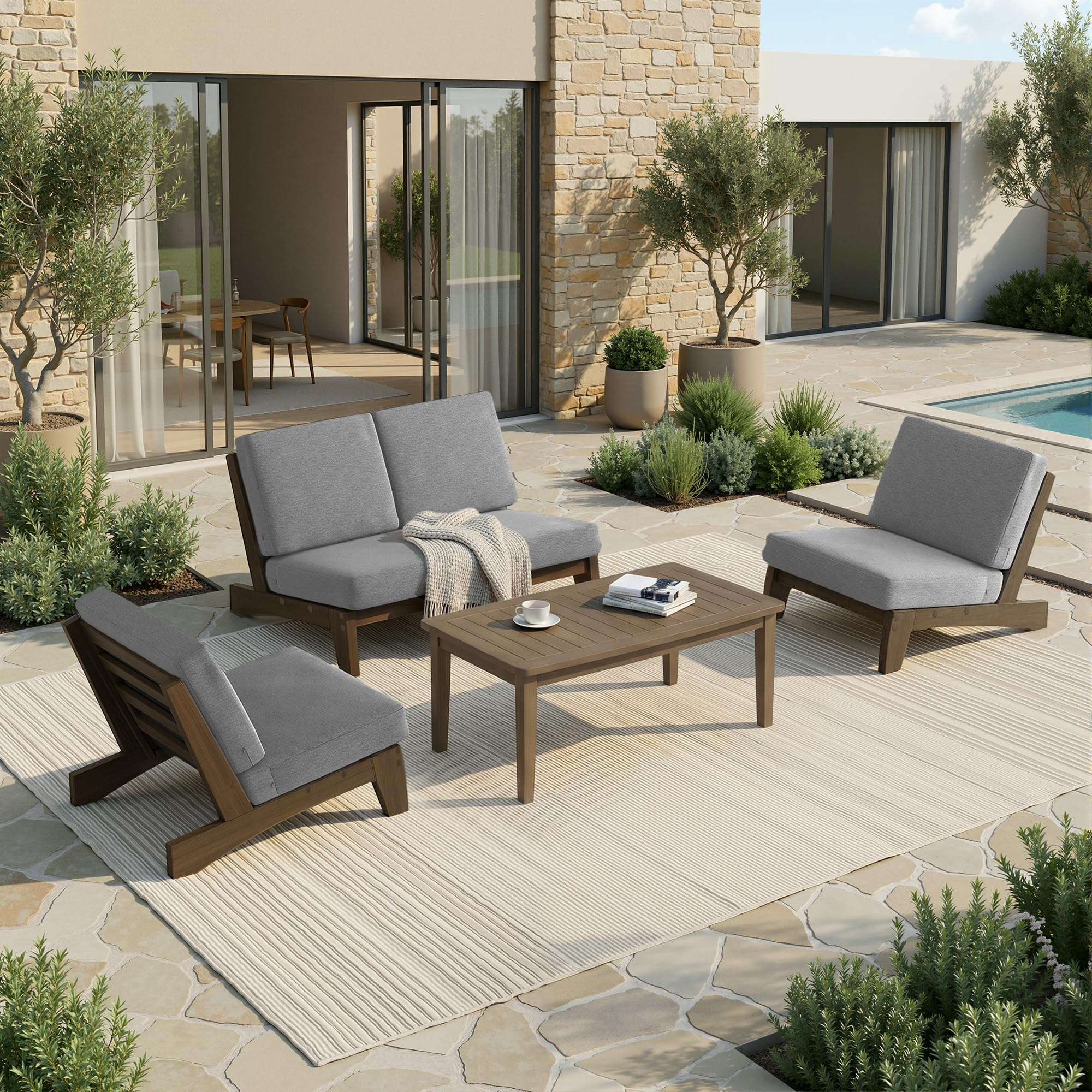 Pia Ricoo 4 Piece Patio Furniture Sets, Outdoor Loveseat Sofa Set with 2 Chairs &amp; Coffee Table, Patio Conversation Set for Backyard, Deck, Lawn, Gray