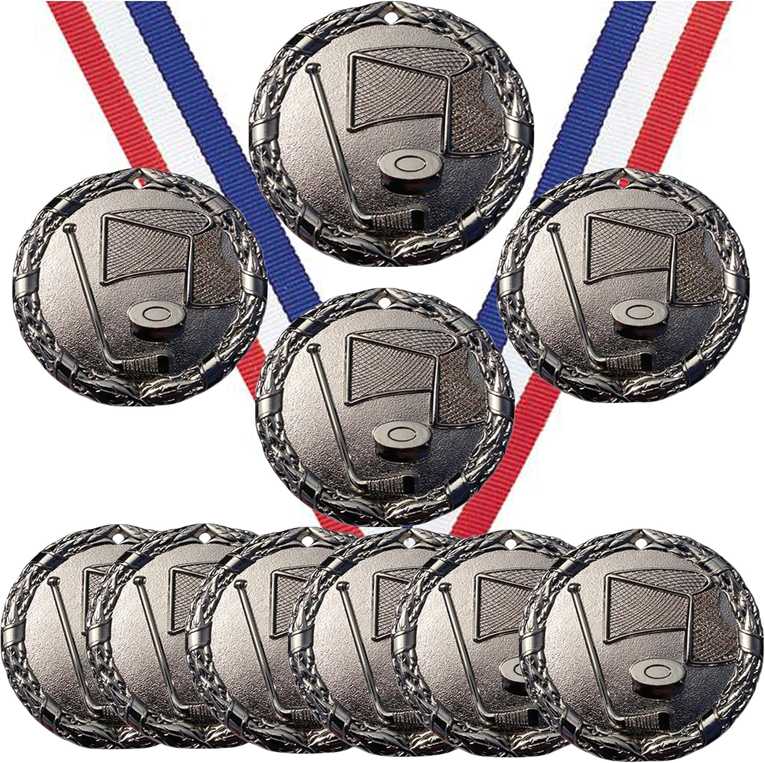Silver Ice Hockey Medals Trophy Champion Participant Award Prize with Neck Ribbons (Pack of 10)