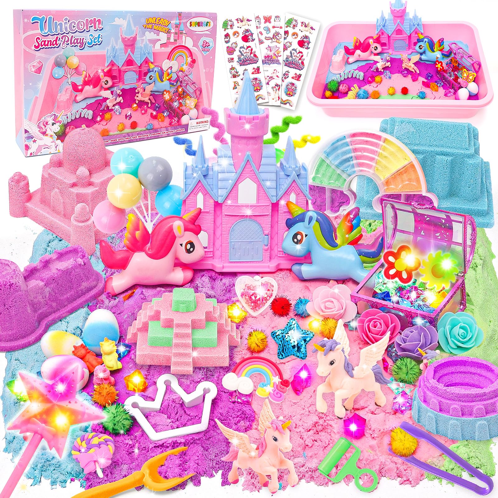 SUPERGFS Unicorn Sensory Bin for Girl Kid Toy Play Sand Art Kit with Sandbox Castle Molds Unicorn Tactile Sensory Toy Christmas Birthday Gift for Girl Toddler Ages 3 4 5 6 7 8