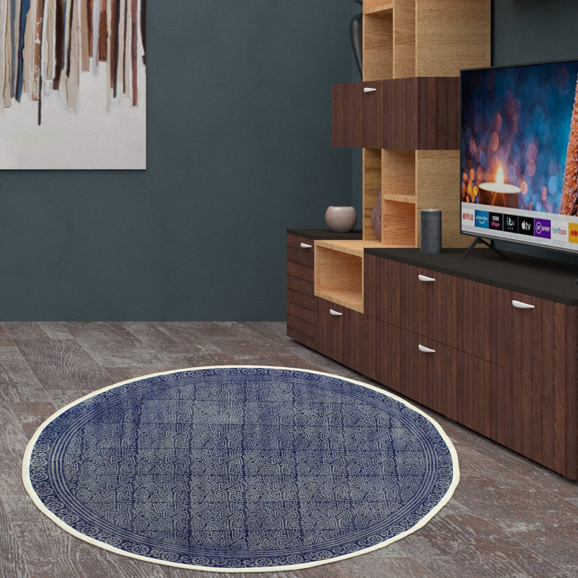 Tapis indien en coton fait main bleu et beige géométrique 1,8x1,8m