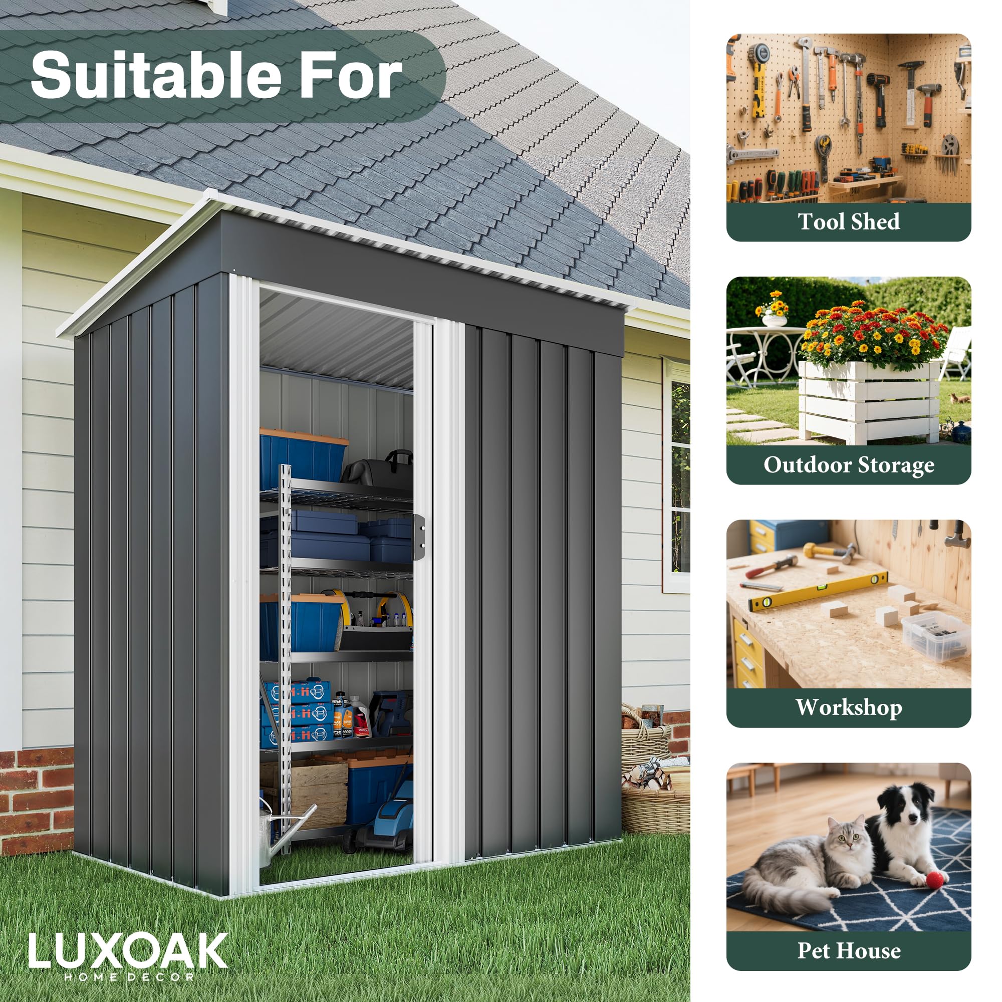 LUXOAK Metal Garden Shed 150x75.5x181cm,Waterproof Rustproof Shed with Sliding Door & Sloped Roof, Outdoor Garden Storage Shed for Backyard, Patio, or Garage — view 8