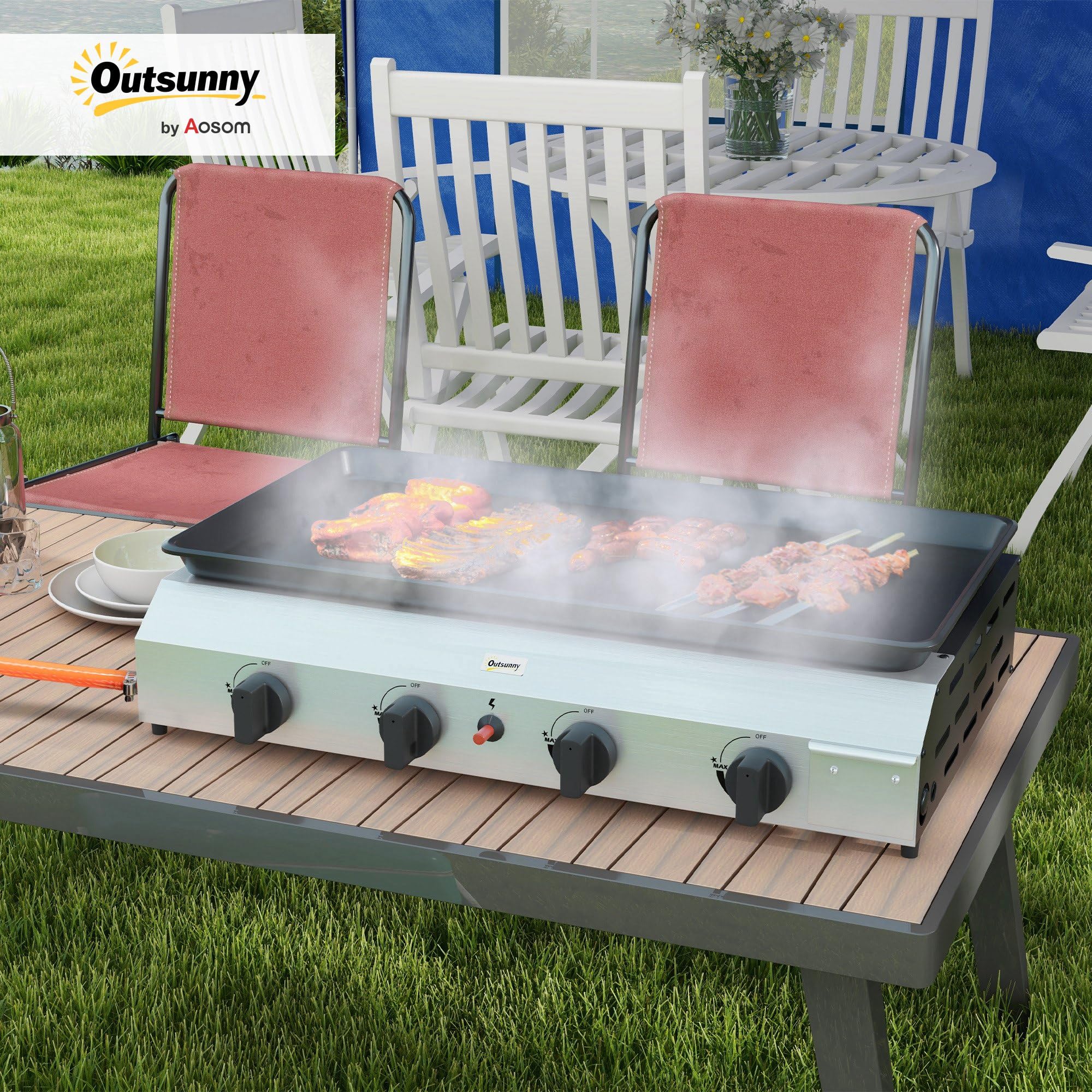Outsunny Plancha gaz en acier inox émaillé plaque de cuisson 4 brûleurs 9,6 kW antiadhésive grande surface de cuisson 73L x 34l cm, transportable