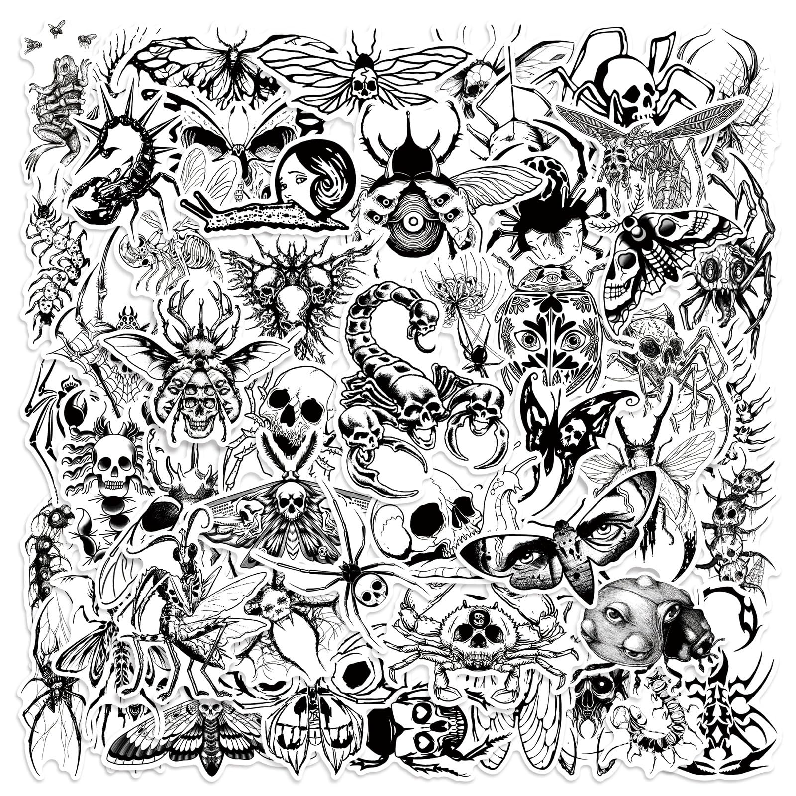 50 Pcs Gothic Insect Stickers Laptop Car Scrapbook Phone Skateboard Suitcase Luggage Bike Black and White Vinyl Waterproof Aesthetic Personalised Stickers for Teens Boys Girls Adults - Image 2