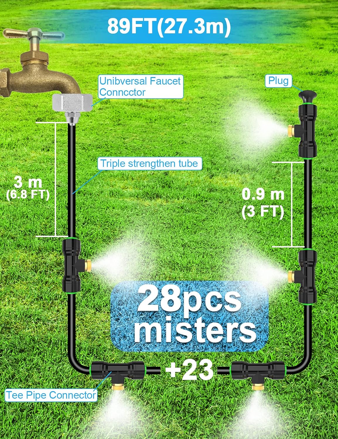 Misters for Outside Patio 89FT(27.3M)+34 Brass Mist Nozzles+a Brass Adapter(3/4") Detachable Outdoor misting Cooling System for Garden, Waterpark, Greenhouse, Backyard