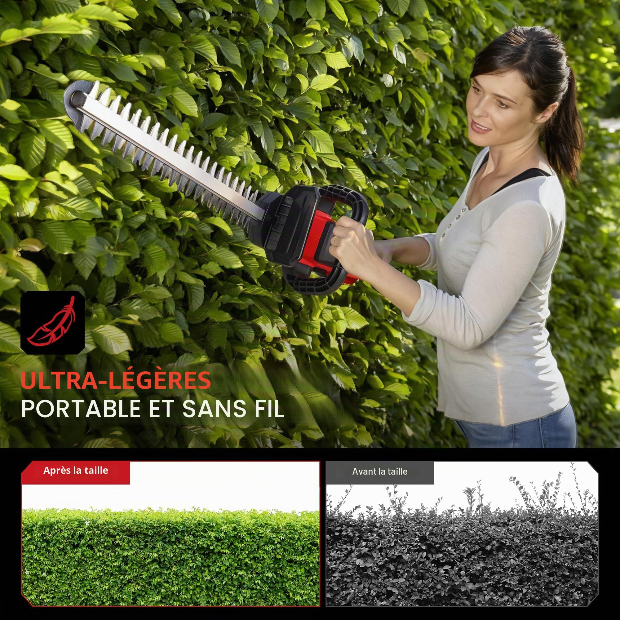 ONEVAN Taille-haie électrique sans fil 180° 52cm Longueur avec 2 batteries