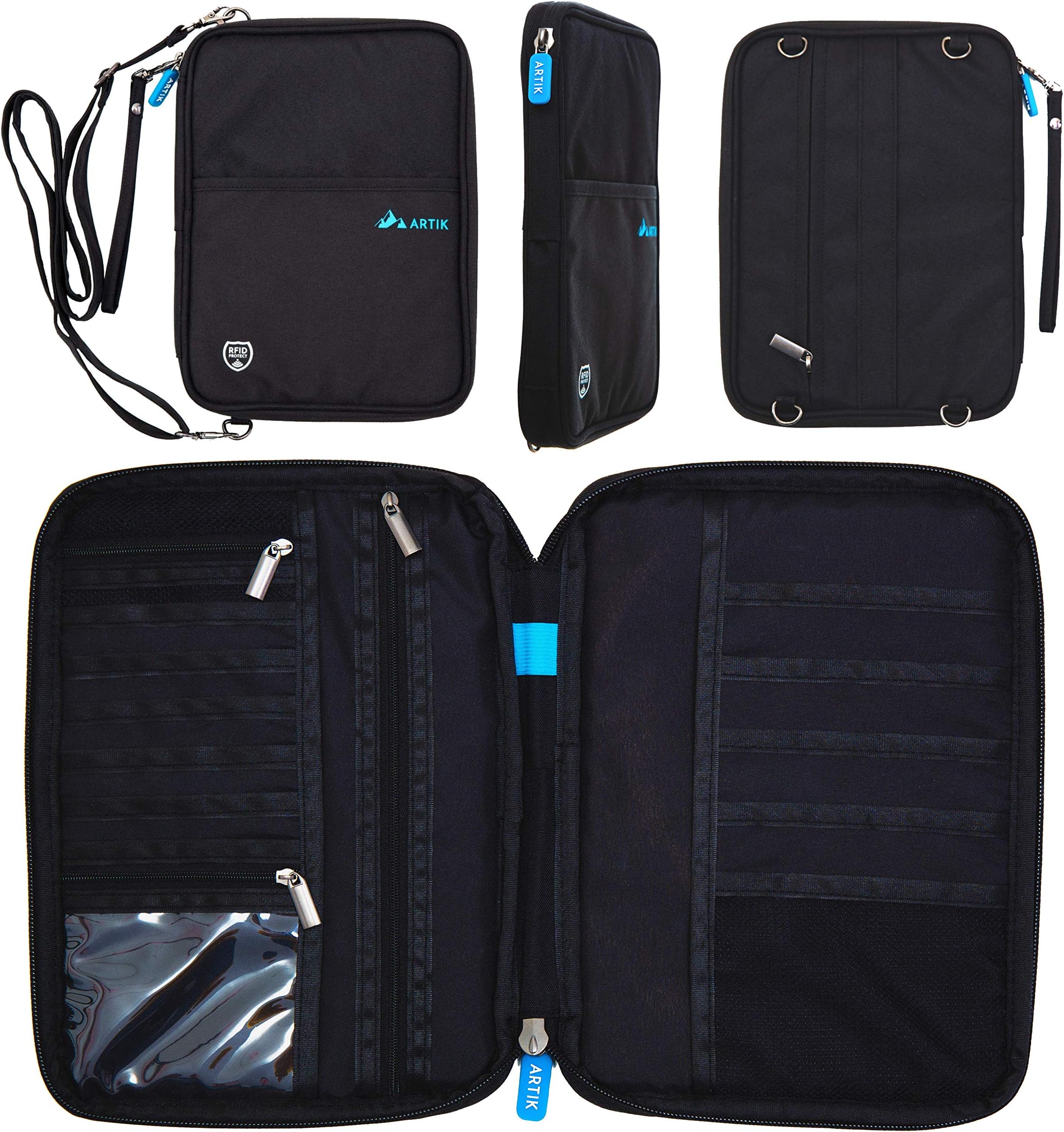 Family Passport Holder - Large Capacity - Removable Shoulder and Wrist Straps - Earphone/Charging Cable Hole - RFID Blocking - Water Resistant - Travel Wallet - Document Organiser