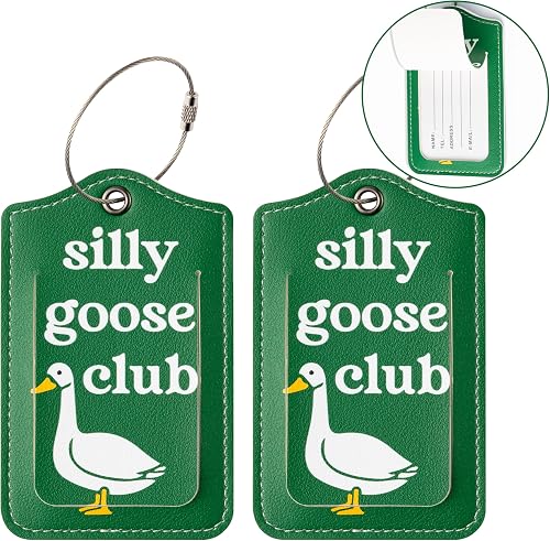 BHronony Silly Goose Luggage Tags - 2pcs Funny Goose Club Baggage Suitcase Tag Holder for Travel Cruise Ship, Cute Leather Identifiers with Stainless Steel Loop and Name Card for Men Women Bag (Green)
