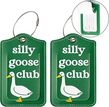 Silly Goose Luggage Tags - 2pcs Funny Goose Club Baggage Suitcase Tag Holder for Travel Cruise Ship, Cute Leather Identifiers with Stainless Steel Loop and Name Card for Men Women Bag Green