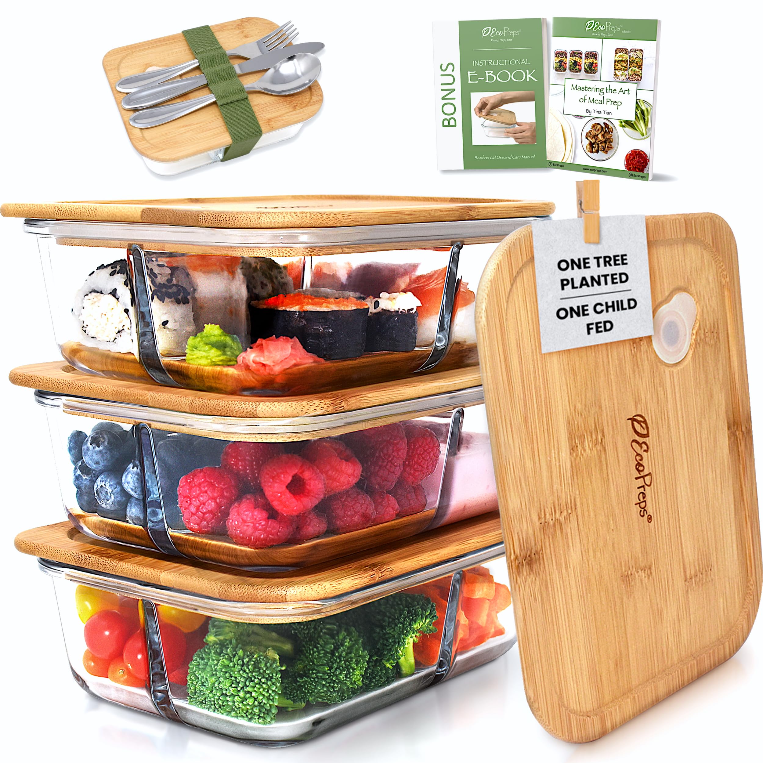 EcoPreps Glass Bento Box Containers with Bamboo Lids