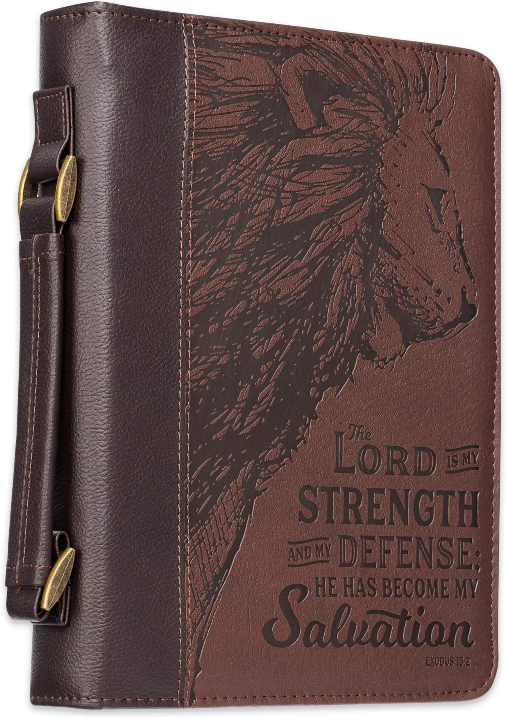 Christian Art Gifts Men's Classic Bible Cover The Lord is My Strength Lion Exodus 15:2, Brown Faux Leather, Large