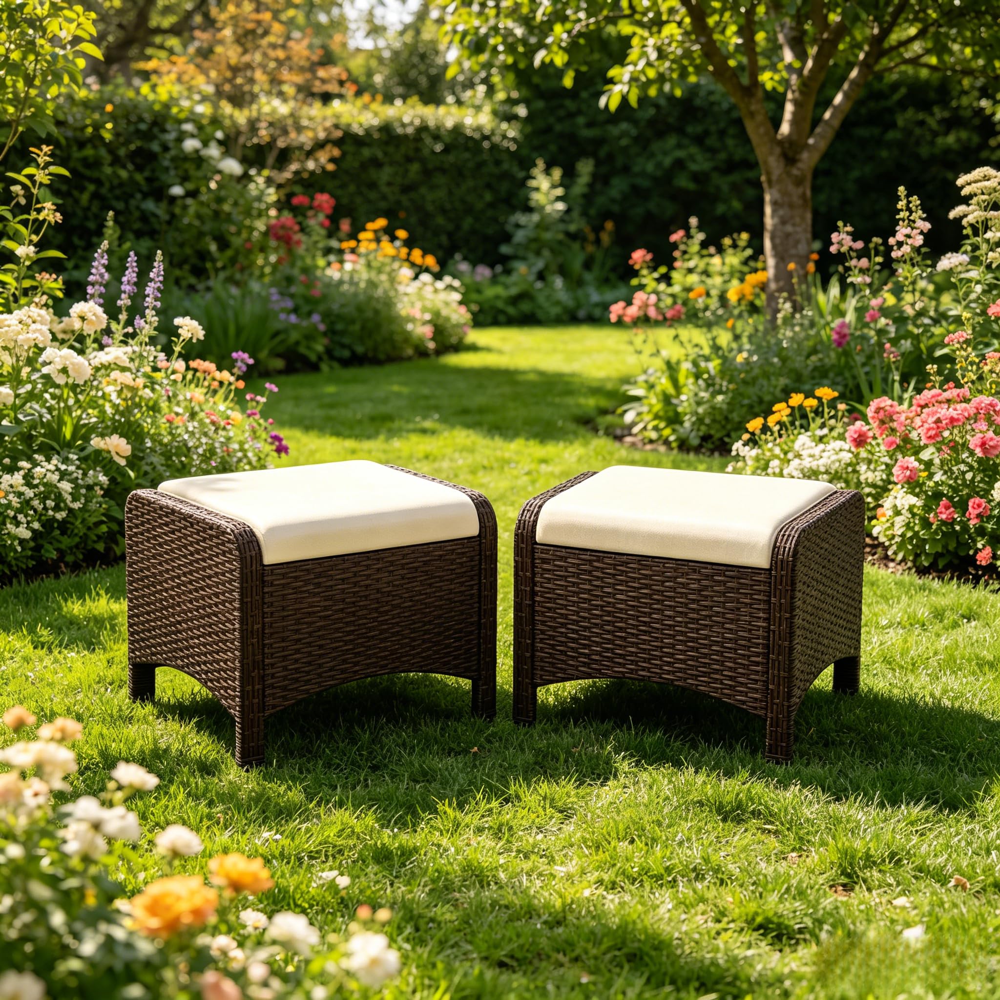 LIFEZEAL Set di 2 Sgabelli Poggiapiedi da Giardino Resistenti ai Raggi UV, in Rattan, Pouf da Esterno con Cuscino Rimovibile, Poggiapiedi Regolabile, 54 x 46 x 39,5 cm, Portata 180 kg (Ocra)
