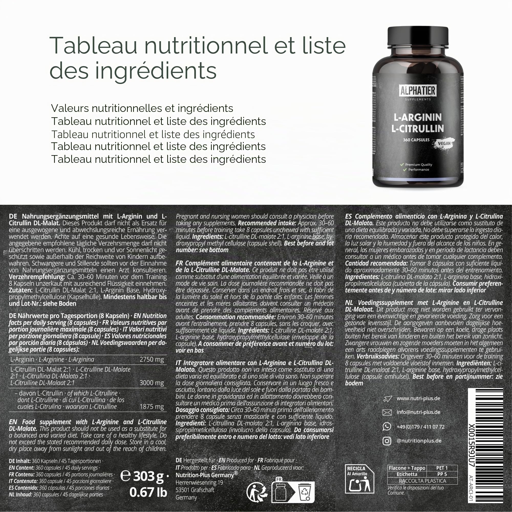 Alphatier L-Arginine L-Citrulline Capsules hautement dosées - 360 gélules végétaliennes - 3000 mg de malate de citrulline DL 2:1 + base d'arginine par portion - Qualité supérieure