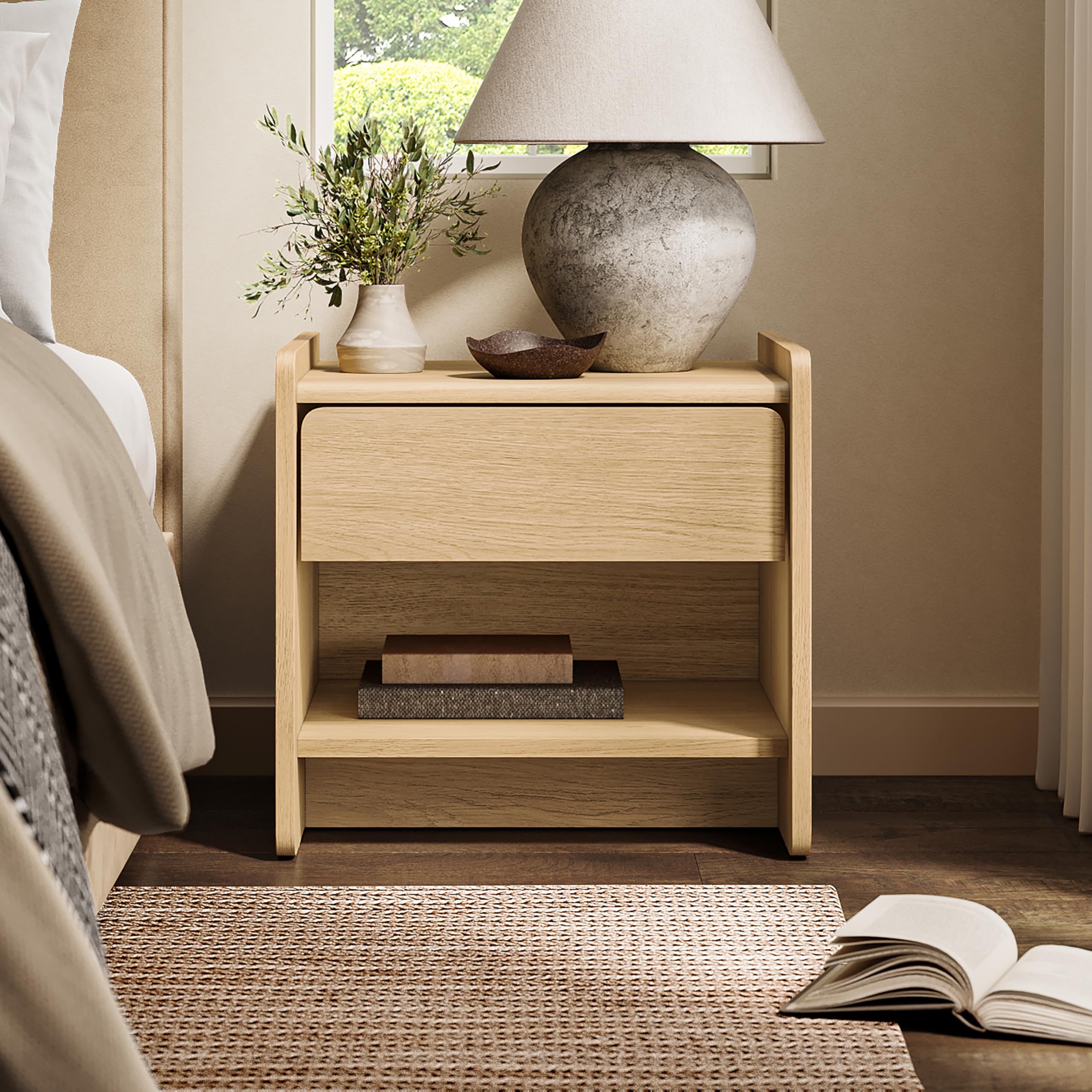 LuxenHome Mid-Century Modern Nightstand with Drawer and Open Shelf, 15.5'' Wood Accent End Table and Night Stand with Rounded Corners, Small Bedside