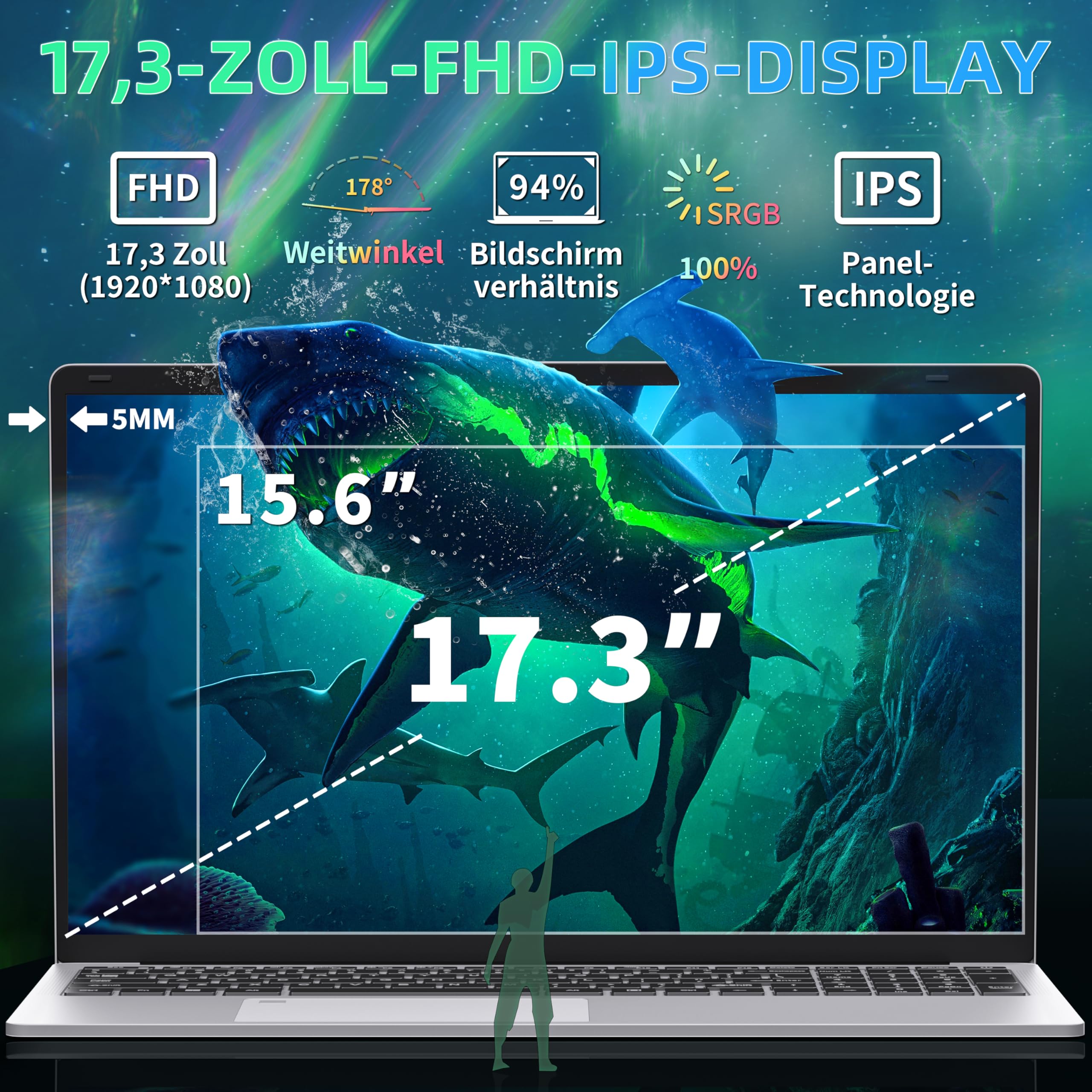 17,3 Zoll Laptop, 16GB RAM, 1TB SSD, 6500Y CPU bis zu 3,40 GHz über 3250C | FHD IPS Display, Fingerabdruck, Backlit-Tastatur, HDMI, WLAN, Business Notebook für Büro, Studium, Home, DE Tastaturfolie