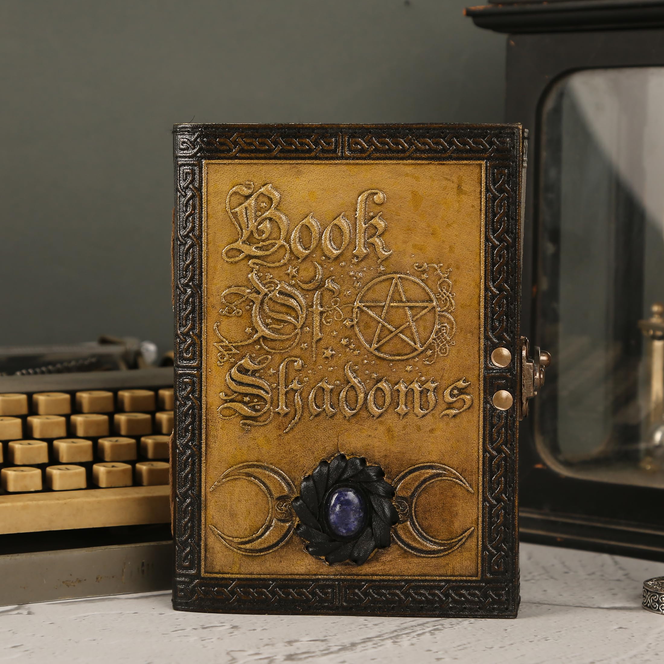 Leder-Tagebuch, blanko, Buch der Schatten, Zauberbücher, Vintage-Notizbuch mit Halbedelstein, Sonne und Mond, keltische Prägung, persönlicher Organizer, Tagesplaner, Reisetagebuch, unliniertes Papier,
