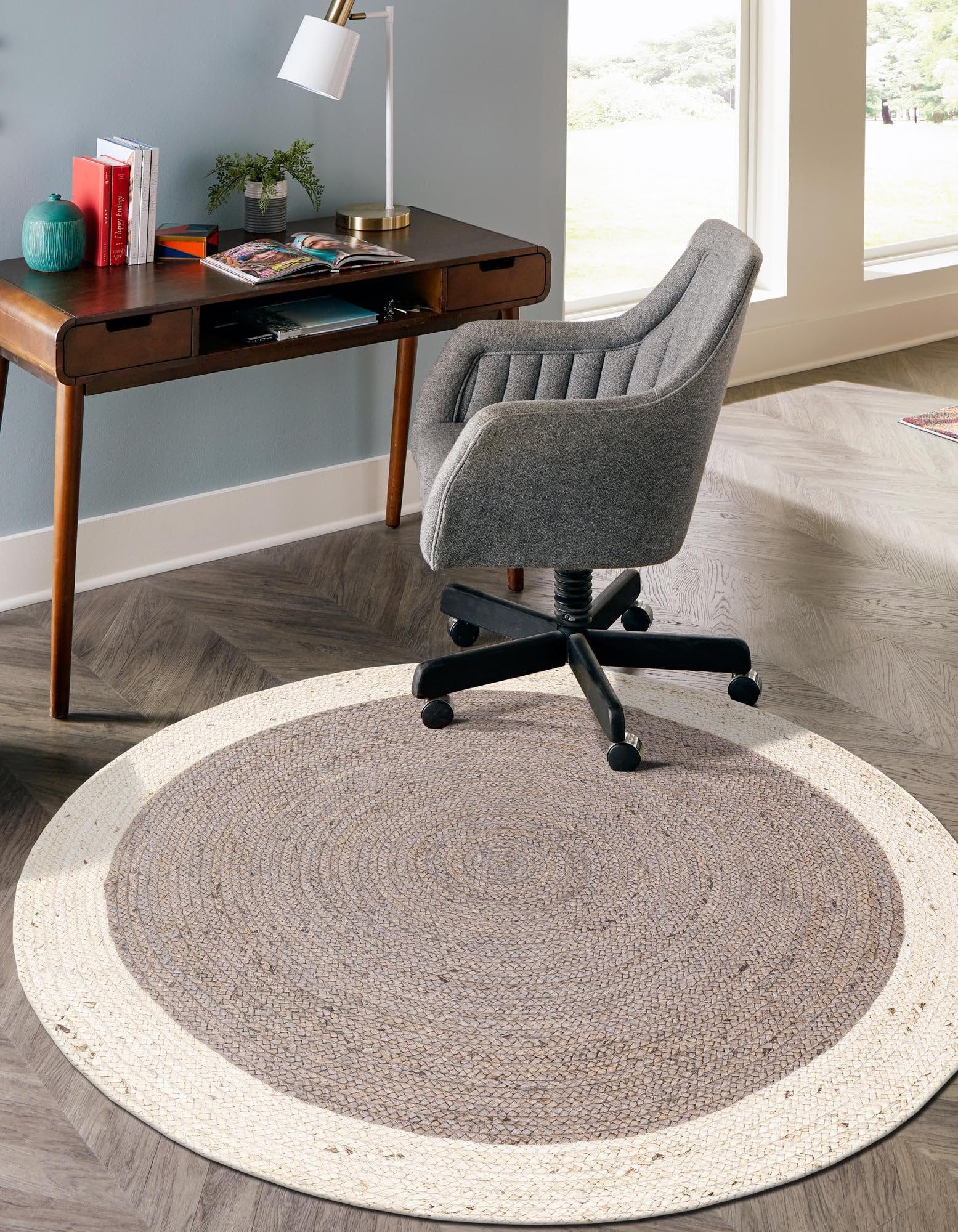 Trademoon Indian Handmade Braided White Border with Inner Gray Natural Jute Area Rug, Jute Rug, Living Room, Bedroom, Doormat Rug Size - 3 x 3 Feet Round (90 cm x 90 cm)