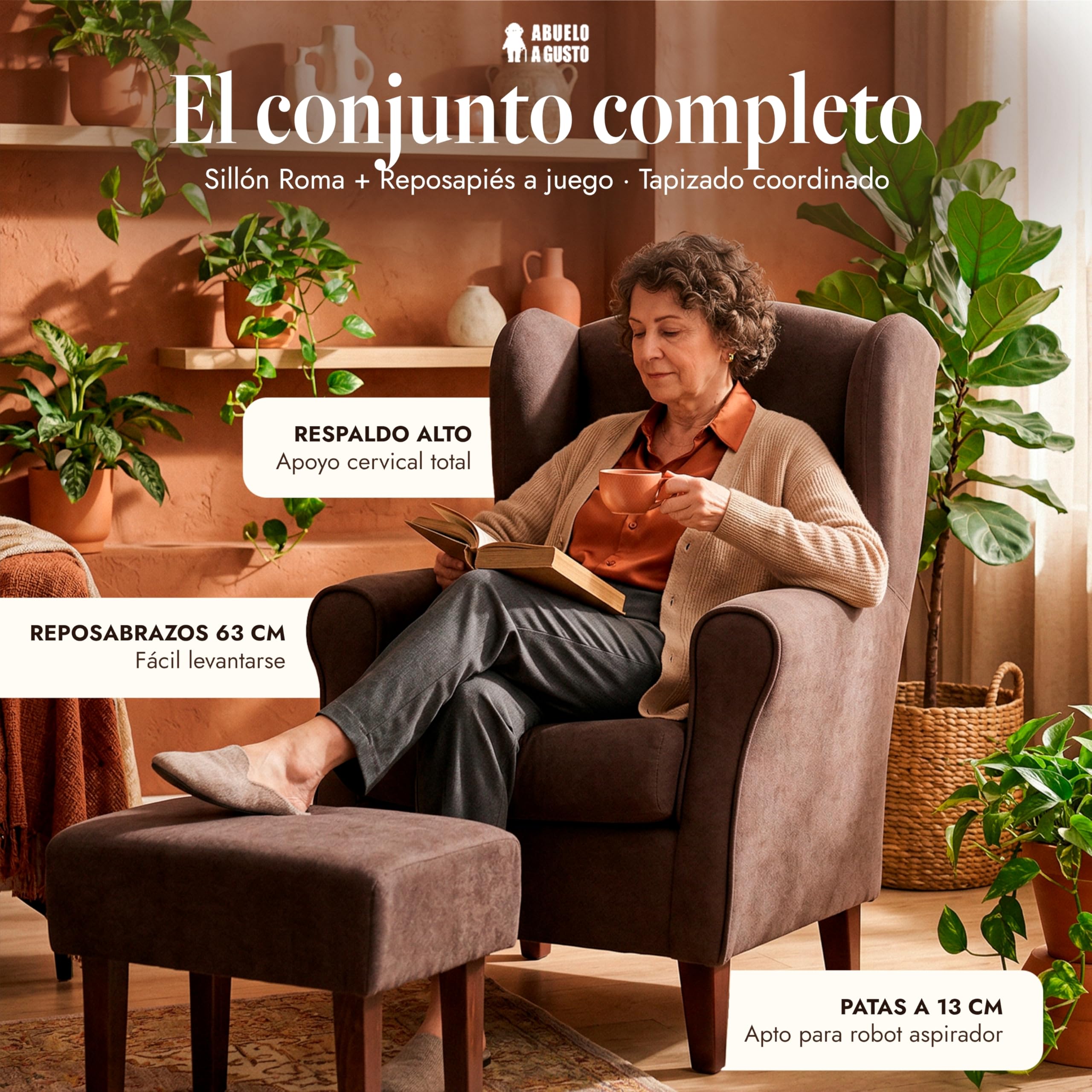 Abuelo A Gusto | Sillón Orejero Individual Roma - Compacto para Salón y Dormitorio - 106x74x78cm - Butaca de Lectura Cómoda y Ligera - Tela Antimanchas, Respaldo Alto y Sentada Firme (Marrón)