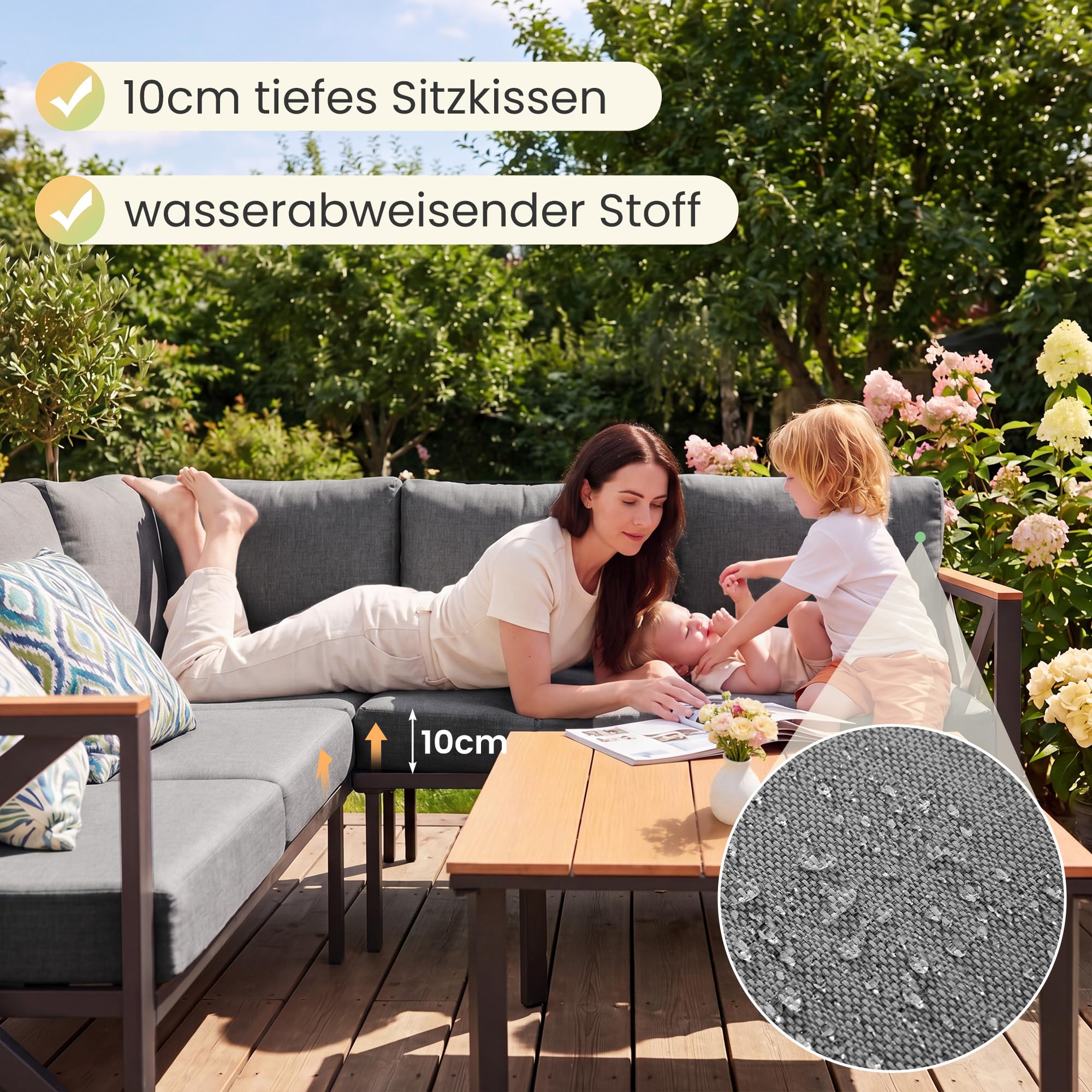 Metal Gartenmöbel Set,6-Teiliges,L-Form Outdoor Sofa mit Couchtisch und 10cm Olefin-Schaumstoffkissen,Wetterfest Lounge für Garten,Terrasse,Pool,Unterhaltungssets bis 6 Personen,Grau