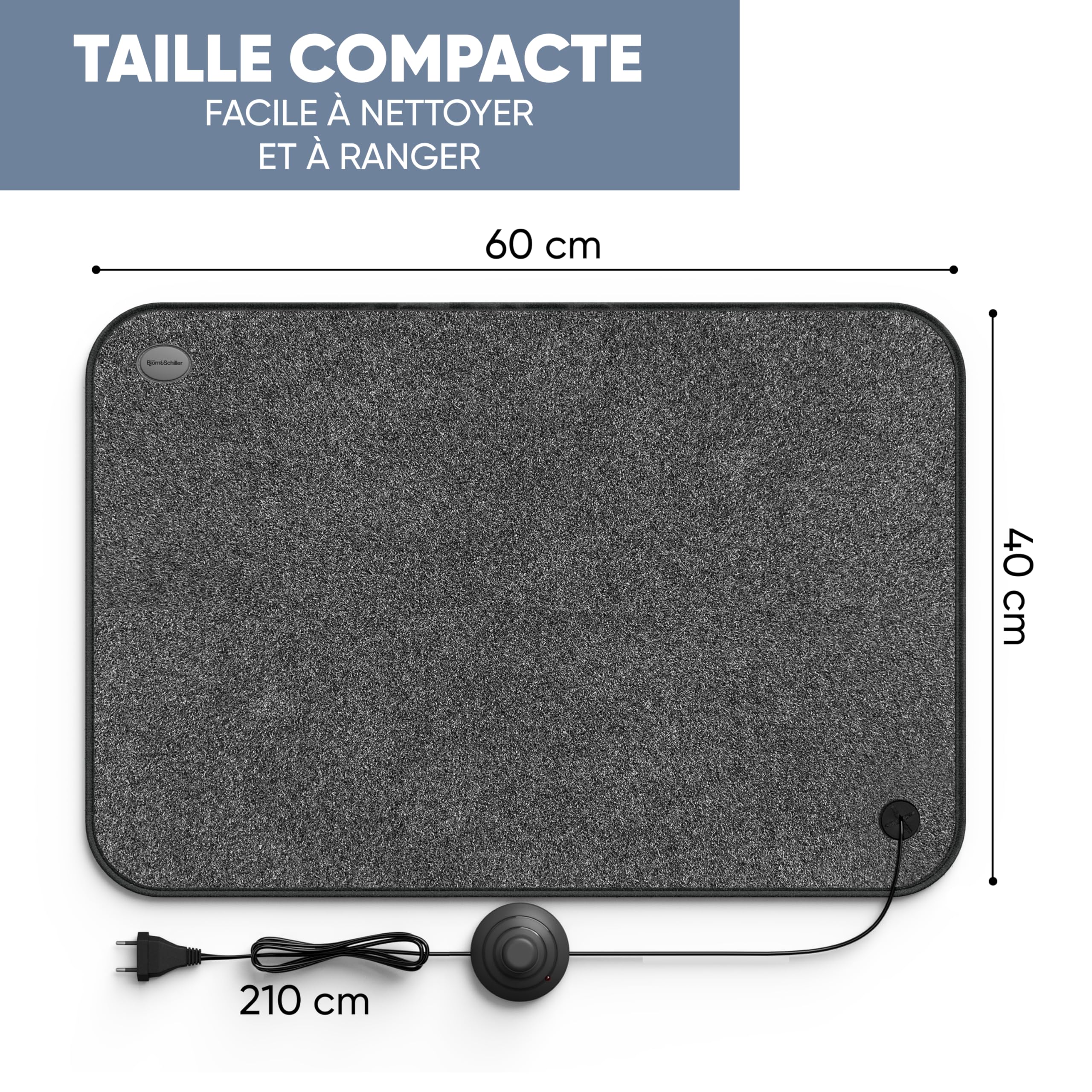 Björn&Schiller Tapis chauffant électrique avec interrupteur, tapis chauffant pour sol, 75 watts, chaleur pour les pieds, 40x60 cm, tapis chauffant pour le bureau et la maison, câble 210cm
