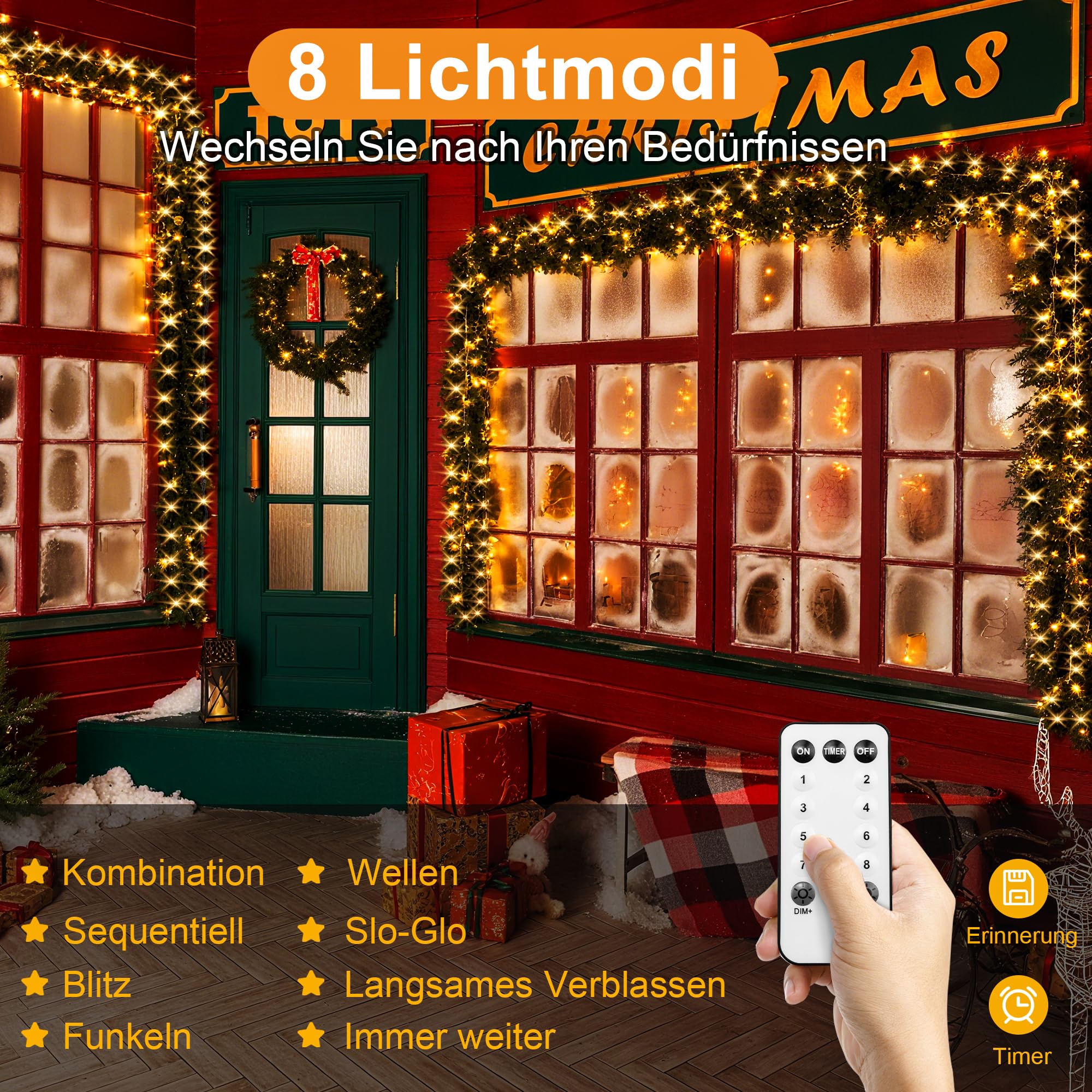 120M Luci Natale Esterno per Decorazioni Natalizie, Bianco Caldo | Luci Natalizie con Telecomando, 1080 LED, Impermeabile, 8 Modalità, Timer, Decorazione per Albero Natale, Giardino