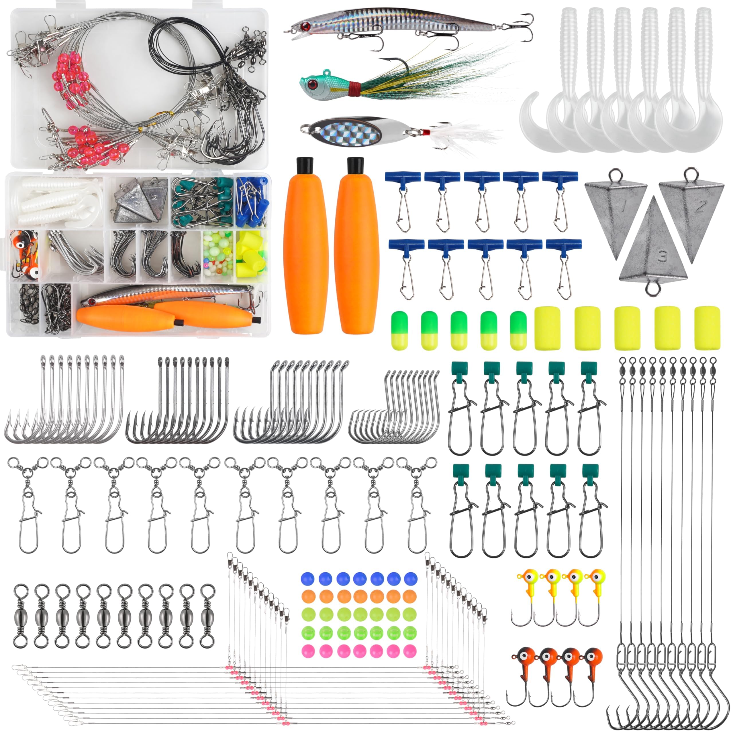 SILANON Saltwater Surf Fishing Tackle Kit,174pcs Ocean Saltwater Fishing Gear Surf Fishing Rigs Saltwater Lures Bucktail Jigs Pyramid Sinkers Fishing Floats Hooks Swivels Surf Fishing Accessories