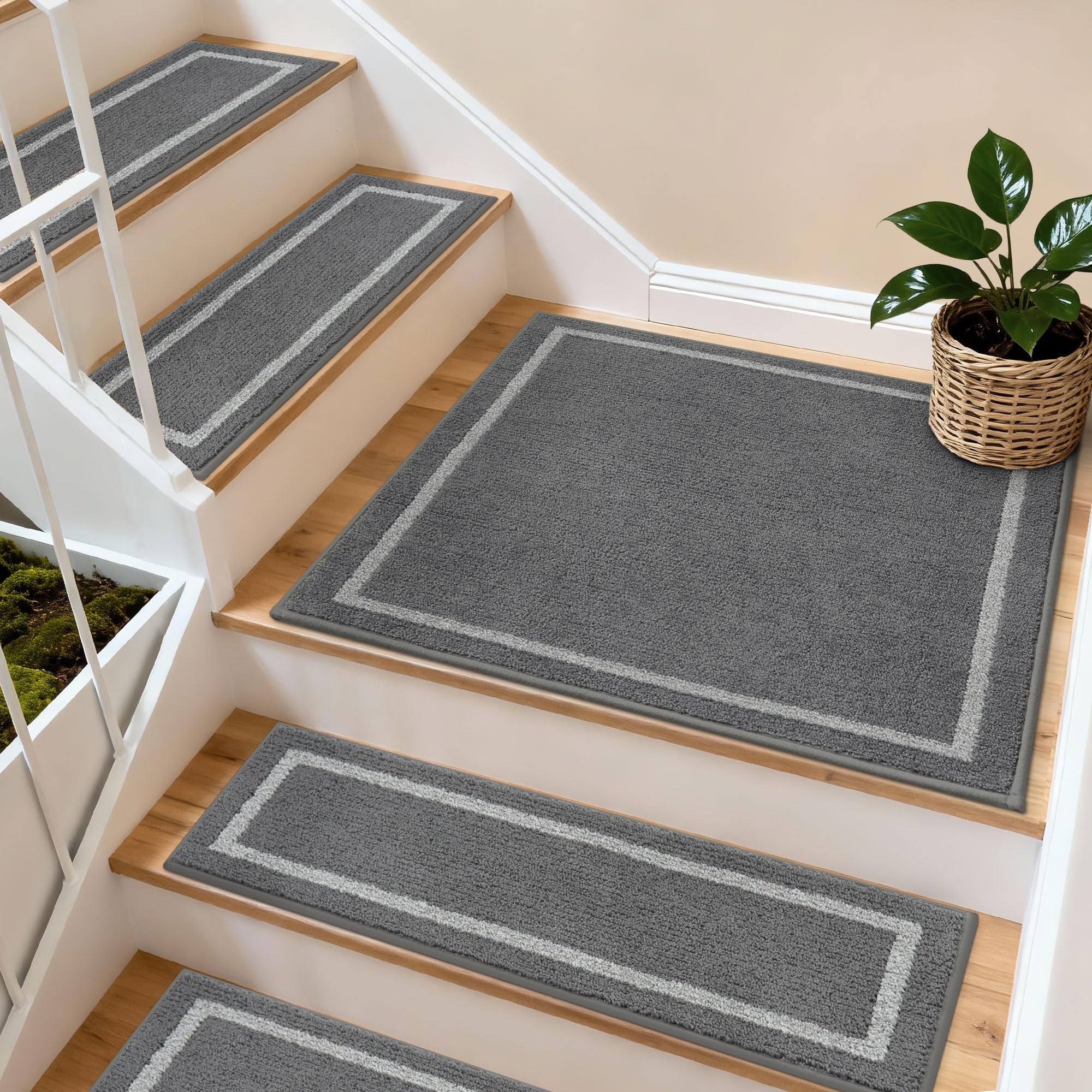 COSY HOMEER 76 x 76cm Square Staircase Corner Stair Treads Mats for Indoor Staircases, Washable 100% Polyester Carpet Staircase Mat for Kids Elders Dogs with TPE Backing, 1pcs Grey
