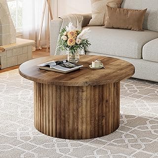 Tribesigns Round Coffee Table, 31.5" Farmhouse Circle Center Table with Fluted Drum Base & Wooden Grain Veneer Top, Modern Wooden Accent Cocktail Table for Small Space, Living Room, Apartment