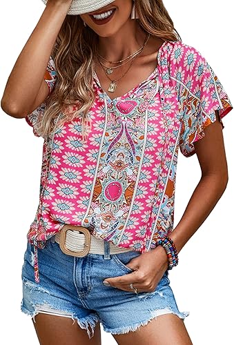 Angashion Blusa de verano para mujer, estilo casual, con estampado floral, cuello en V, manga corta, con volantes, holgada, tipo túnica