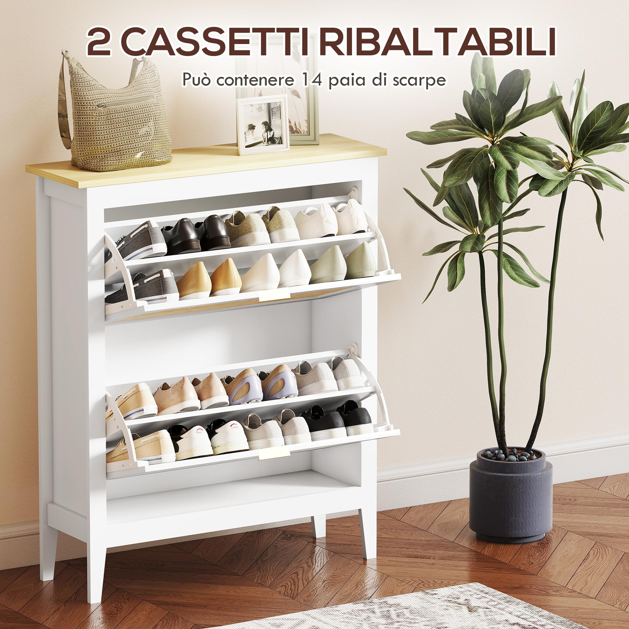 HOMCOM Scarpiera Salvaspazio Slim con 2 Ante a Ribalta Stile Boho in Rattan Scarpiera Ingresso con Ripiani regolabili a 2 livelli Porta Scarpe per 14 paia con maniglia, 80x24x95.5 cm, Bianco