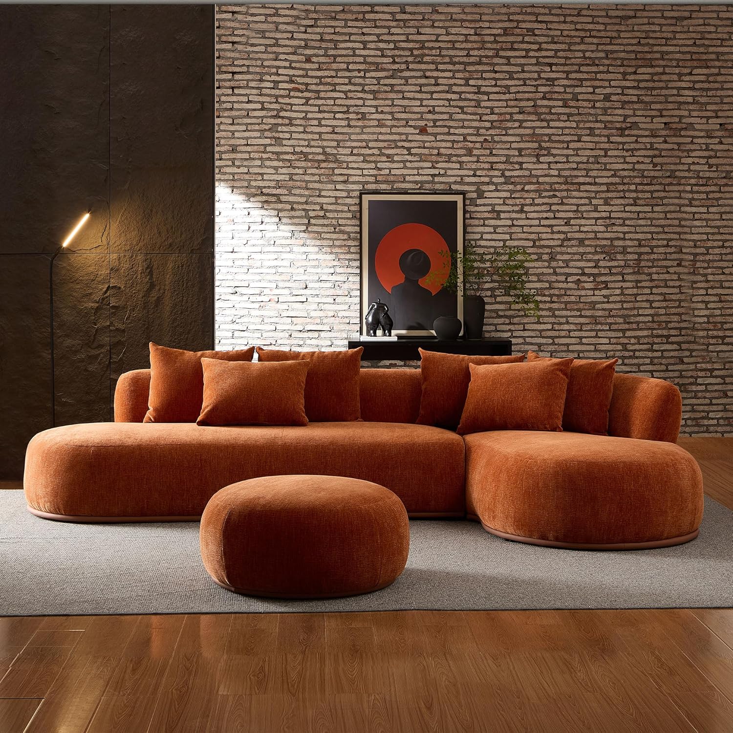 KEIKI 135" L-Shaped Oversized Boucle Sectional Sofa with Right Chaise, Modern 5-Seater Polyester Curved Couch with PU Leather Base, 1 Ottoman & 6 Pillows, No Assembly Required, for Living Room, Orange