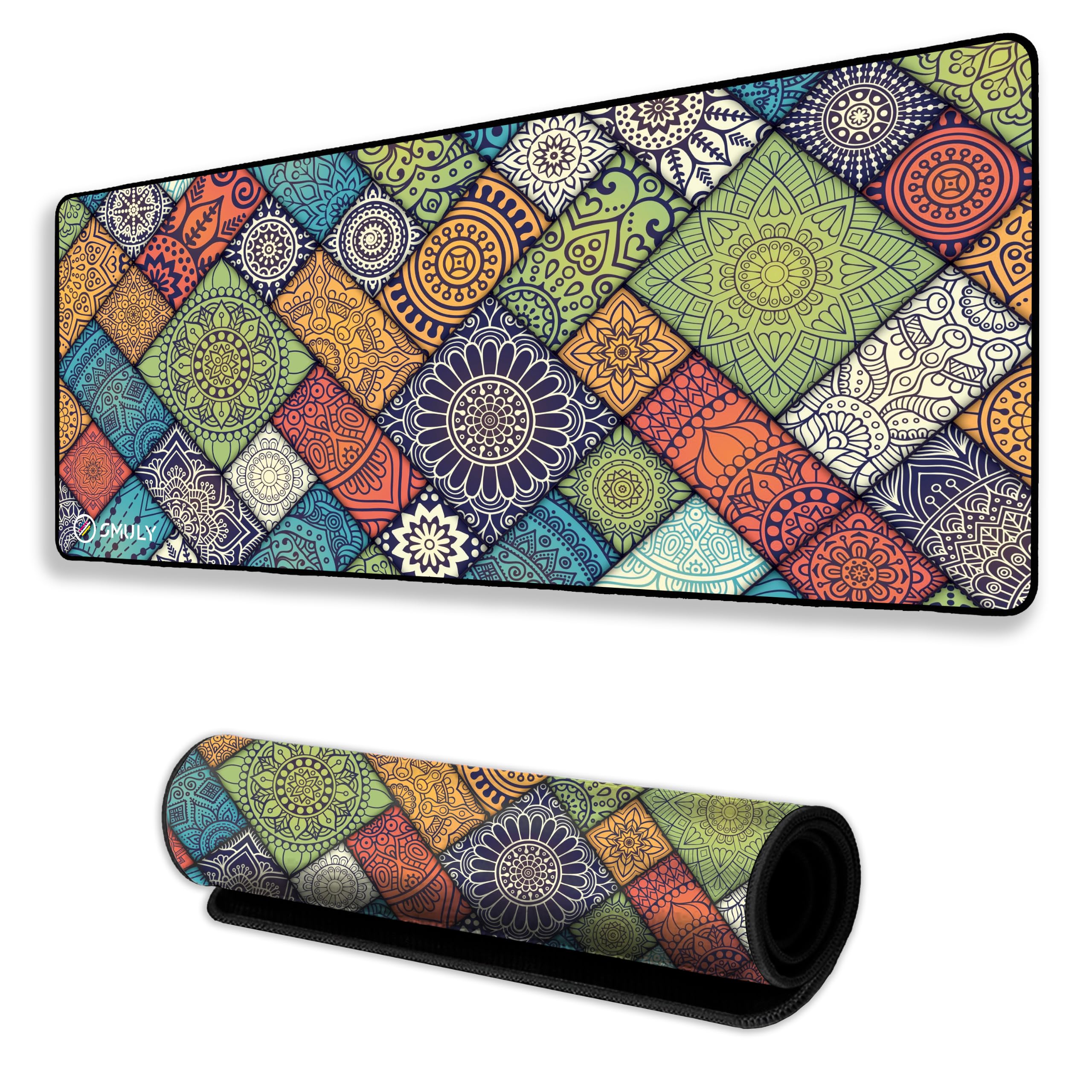 SMULY Decorative Mandala Large Gaming Mouse Pad,11x23 Inch Extended Desk Mat, Waterproof Desk Pad with Anti-Slip Rubber Base Mousepad,Stitched Edges,Smooth Surface for Office,PC & Laptop (Multicolour)