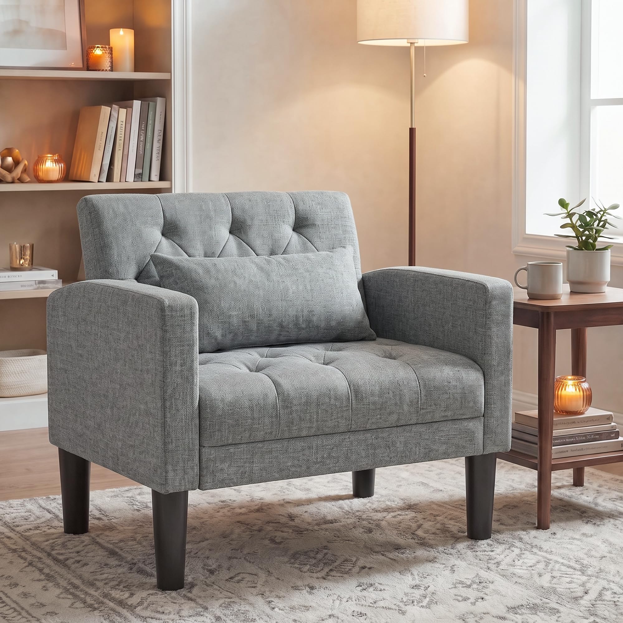 ROCSUMOO Armchair, Linen Accent Tub Chair with Lumbar Cushion, Light Grey