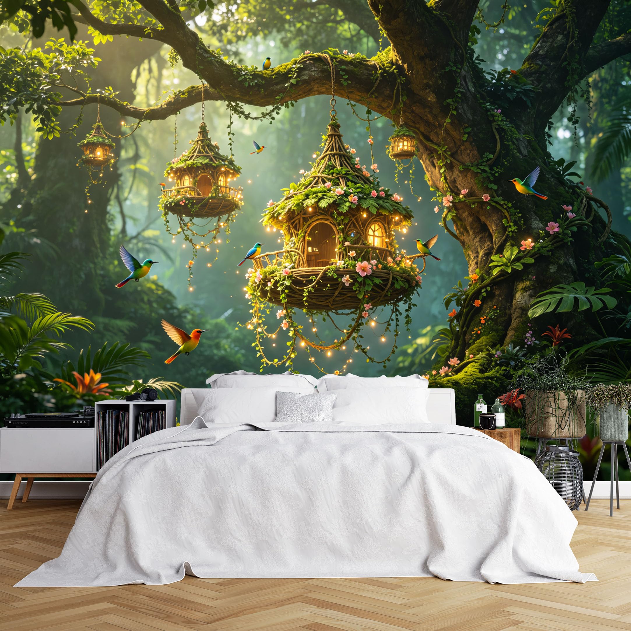 Lcythiazole Ch260615254 Custom Size Wall Murals Enchanted Tree House Hummingbird Magical Forest Wall Stickers Self-Adhesive Wall Fabric (No Pvc) Removable Wallpaper For Nursery Playroom