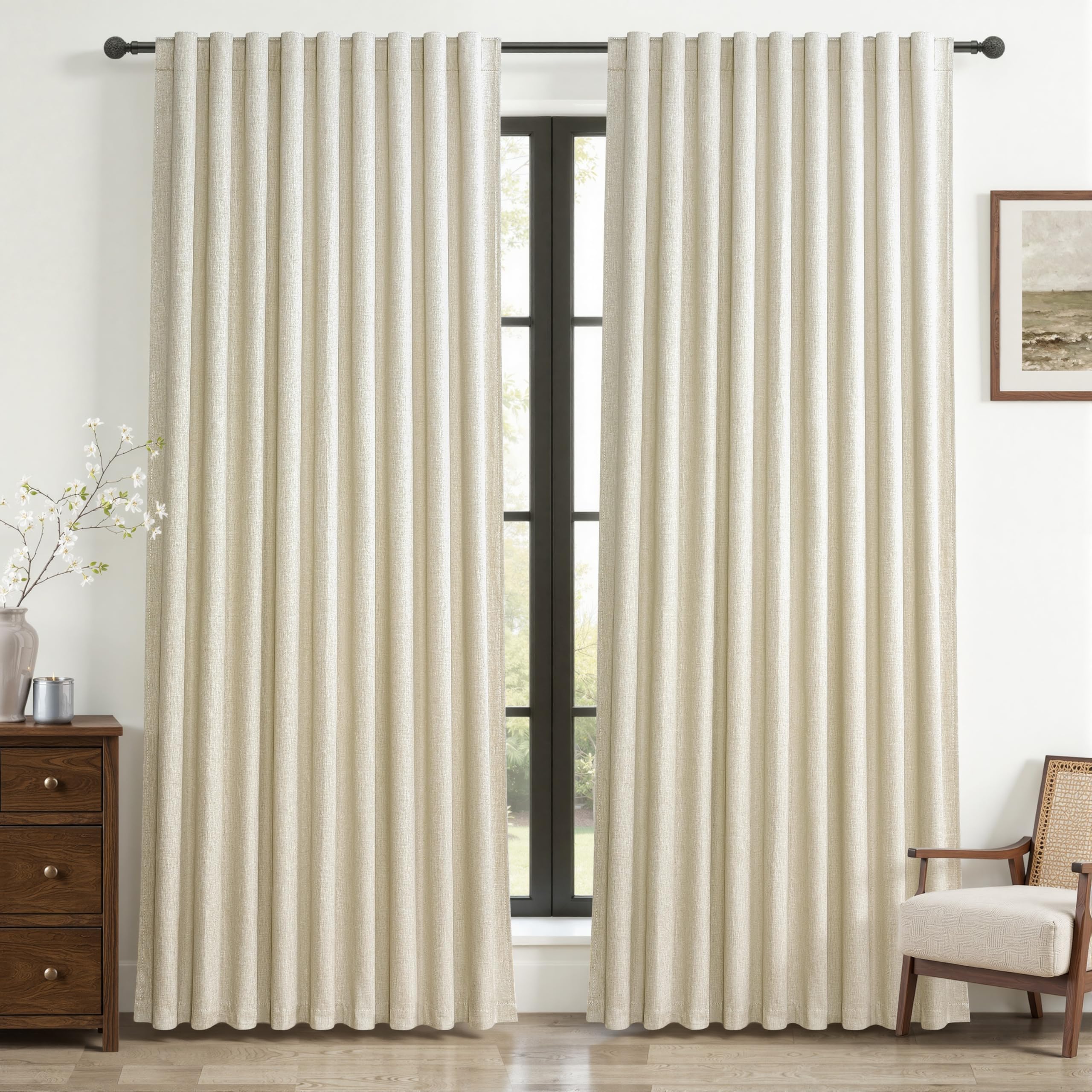 Cute Blackout Curtains 60 Inches Extra Wide Linen 96 Inch Length for Living Room/Sliding Glass Door,Pleated Heavy Duty Thermal Drapes for Winter Thick Large Window(60"Wx96"L 2 Panels Warm Cream) โ image 1