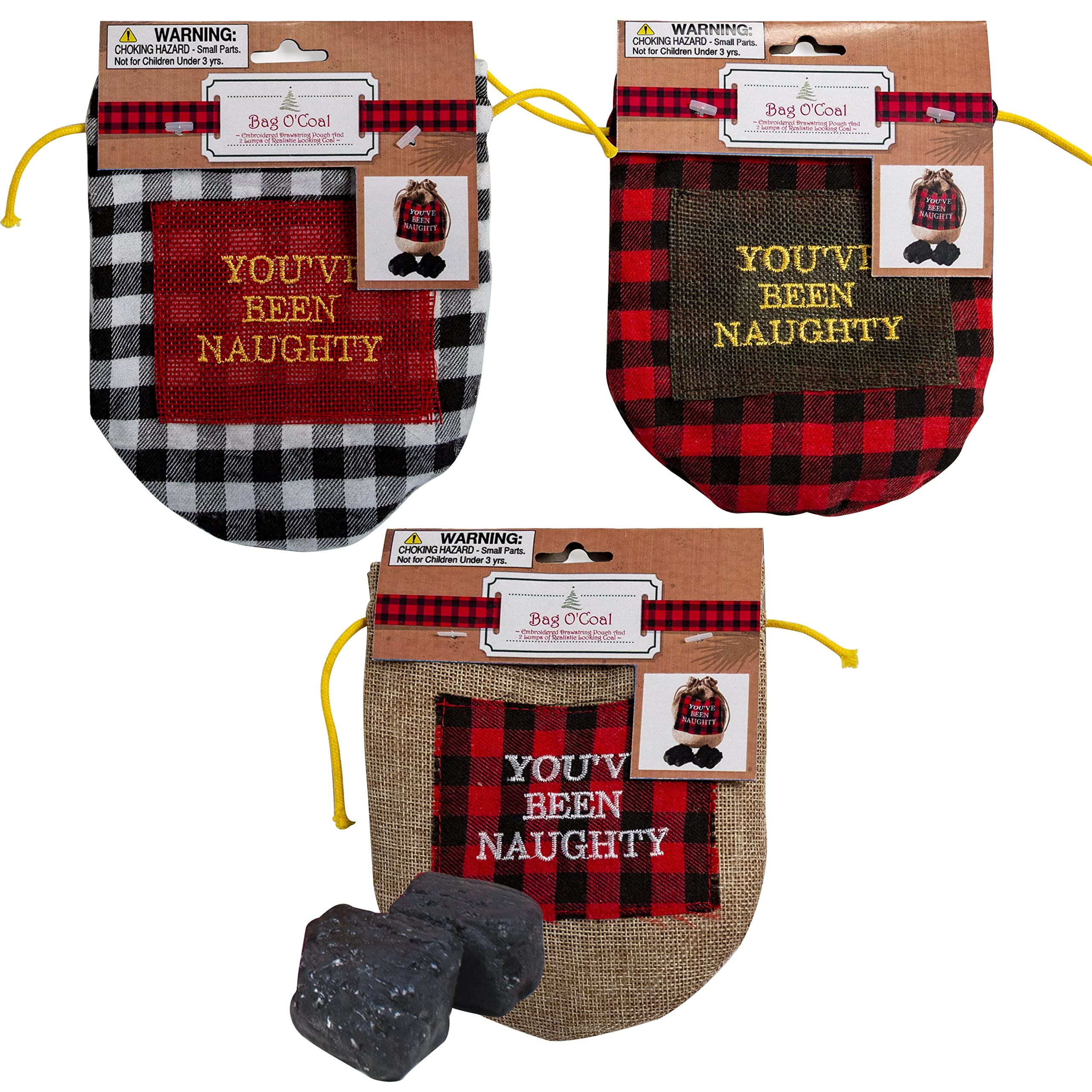 Photo 1 of 2 PACKS RP A.S.O. Xmas Bag of Fake Coals in a Drawstring Bag You've Been Naughty Coal for Christmas Holiday Santa Stocking Filler, Pack of 3 Creme, Buffalo and White Plaid Lump of Coal - Merry Krampus!