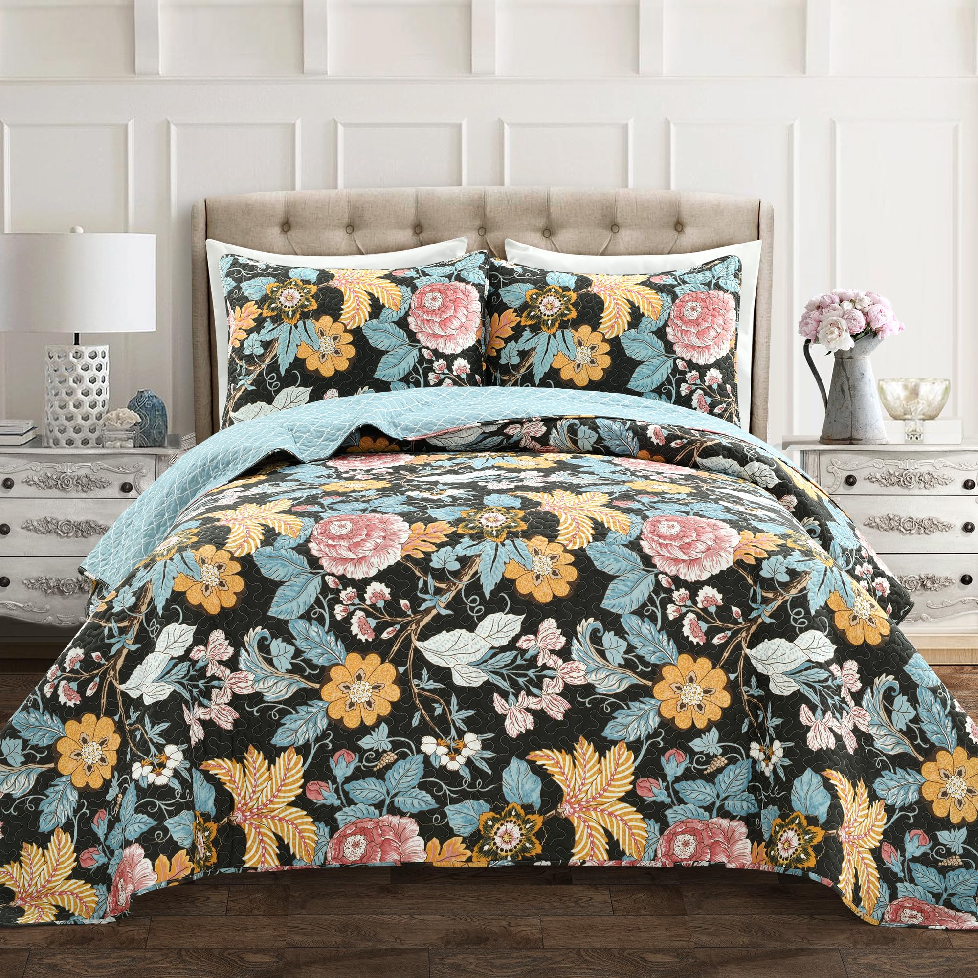 Sydney Reversible Cotton Quilt Set, 3 Piece Set, King, Black & Blue - Cotton Bedding Set - Black Floral Quilt - Cottage Decor - Bedding King Size