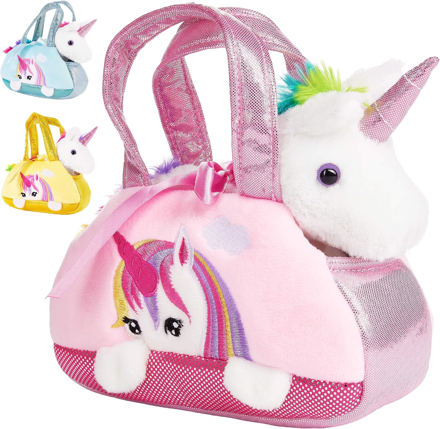 BRUBAKER Peluche de Unicornio Arco Iris en el Bolso - 20 cm - Peluche en un maletín de Transporte - Rosado