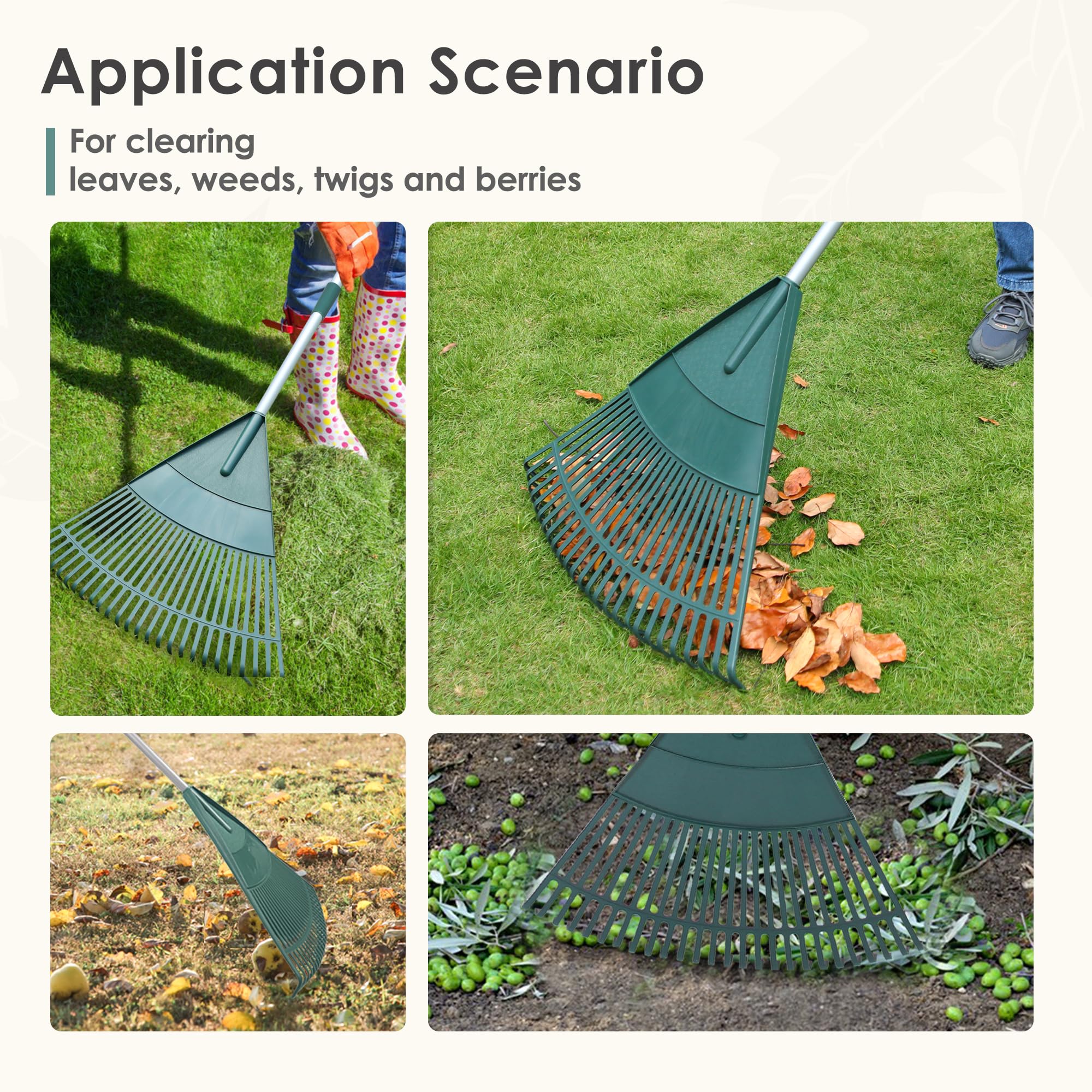 ORIENTOOLS Rateau a Feuille de Jardin, Râteau à Arbustes Réglable en Polyéthylène à Manche en Acier Léger, Tête en Plastique (Vert 26 Dents)