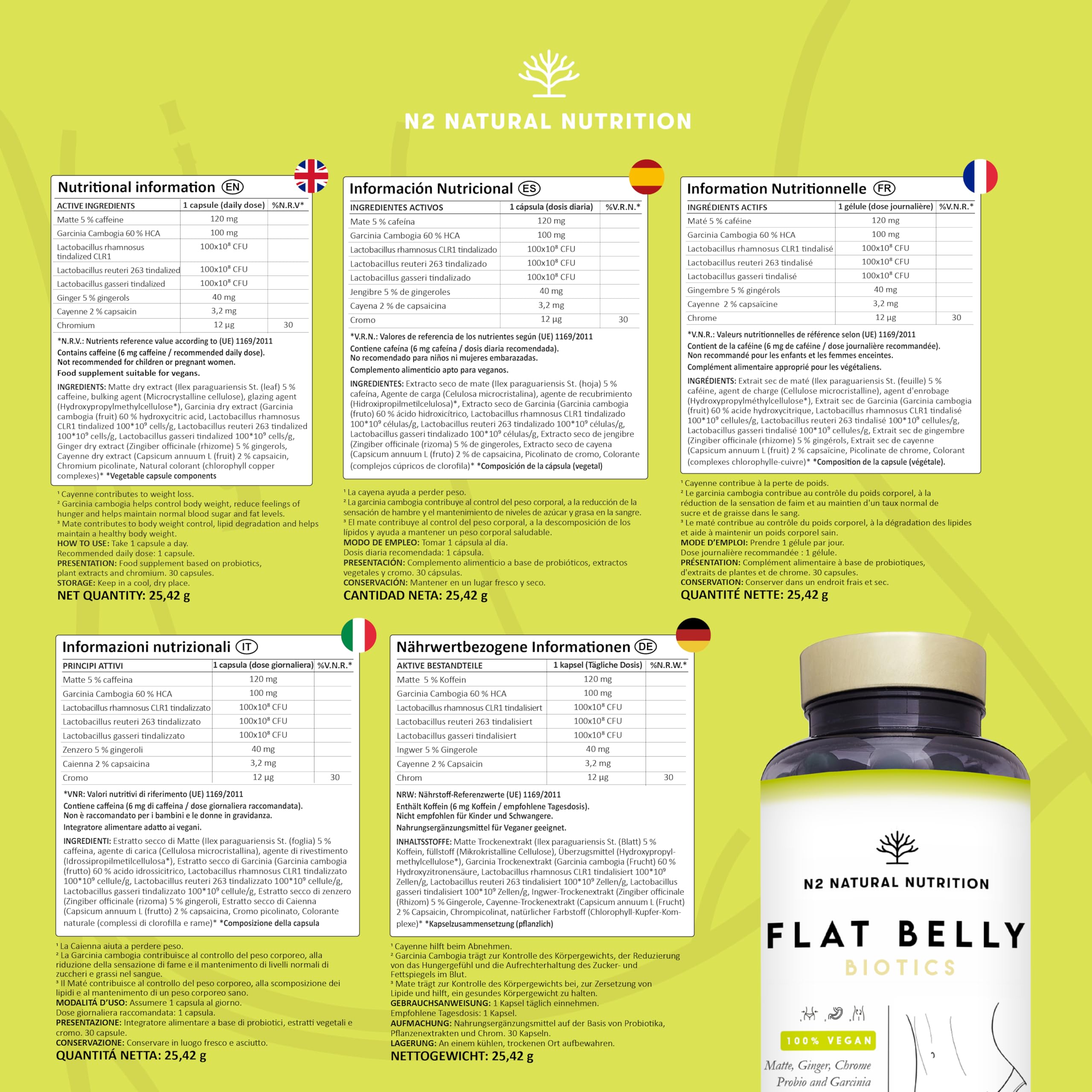 Kulturen Komplex Darmsanierung, 30 Mrd KBE, 6 Bakterienstämme, Darmbakterien, L. Gasseri, Garcinia, Ingwer, Mate, Chromium & Cayenne. Darmkur 30 vegane Kapseln. N2 Natural Nutrition