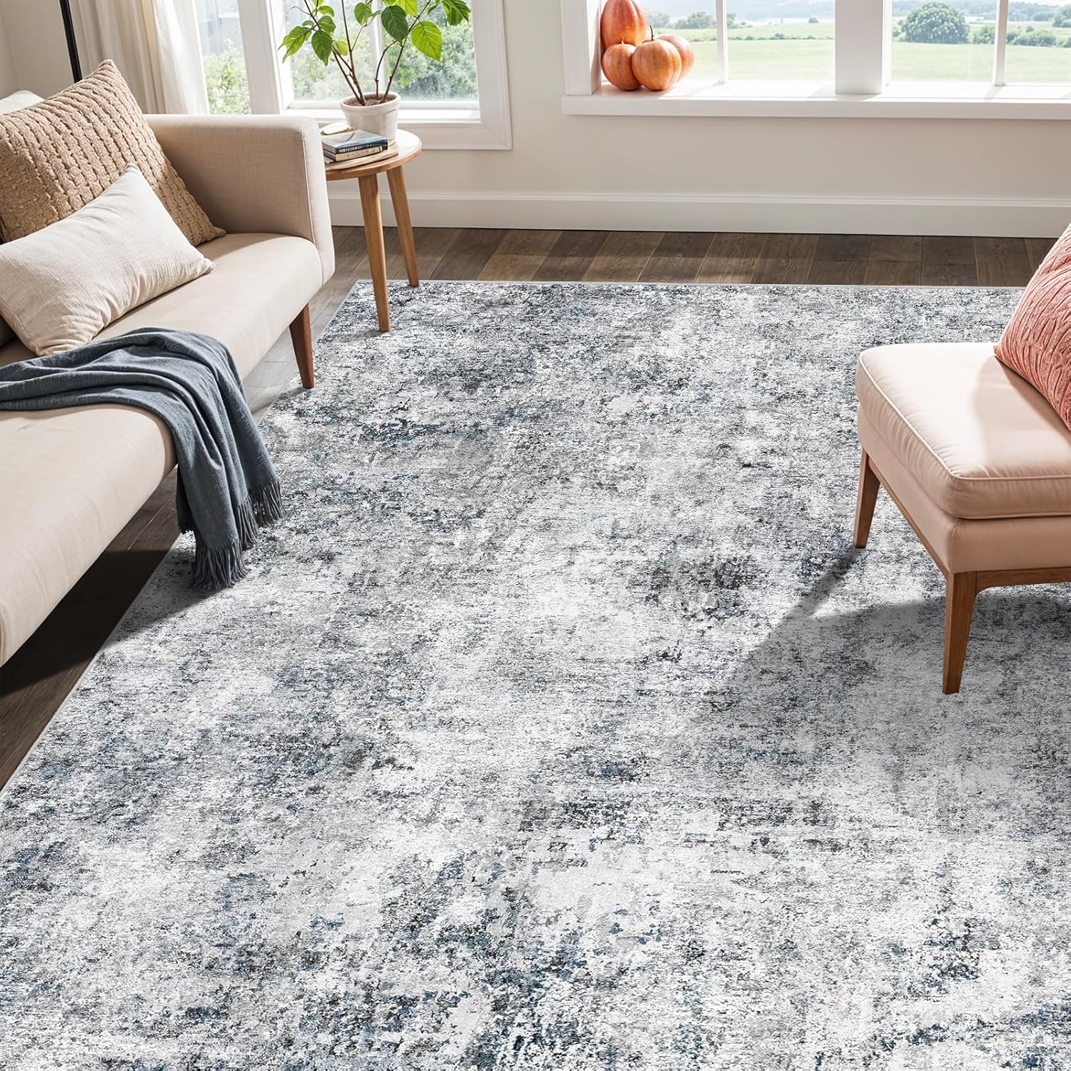 7x9 Area Rugs Washable Rug - Non-Slip Washable Modern Rug, Soft Foldable Neutral Indoor Carpet, Stain-Resistant Farmhouse Decor for Kitchen/Hallway/Living Room/Bedroom (Blue Gray, 7x9)