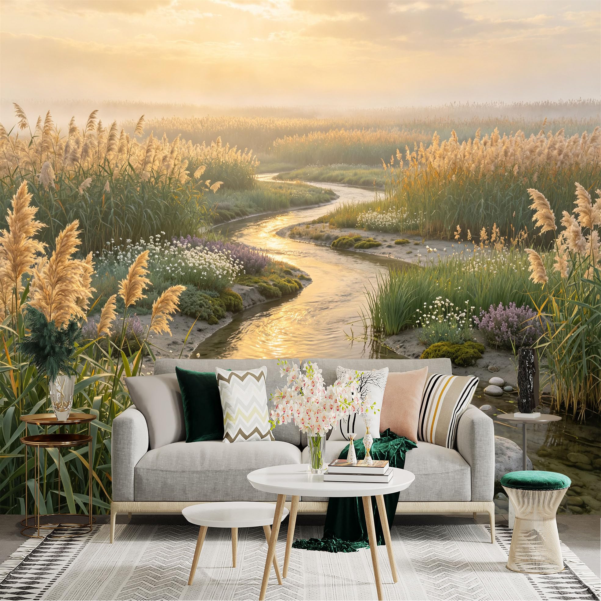 Lnzczhyre Bh260719163 Custom Size Wall Sticker Mural， Winding River At Sunrise， Golden Reeds And Wildflowers， Nature Scenery， For Wall Decoration， Peelandstick Wall Decals.