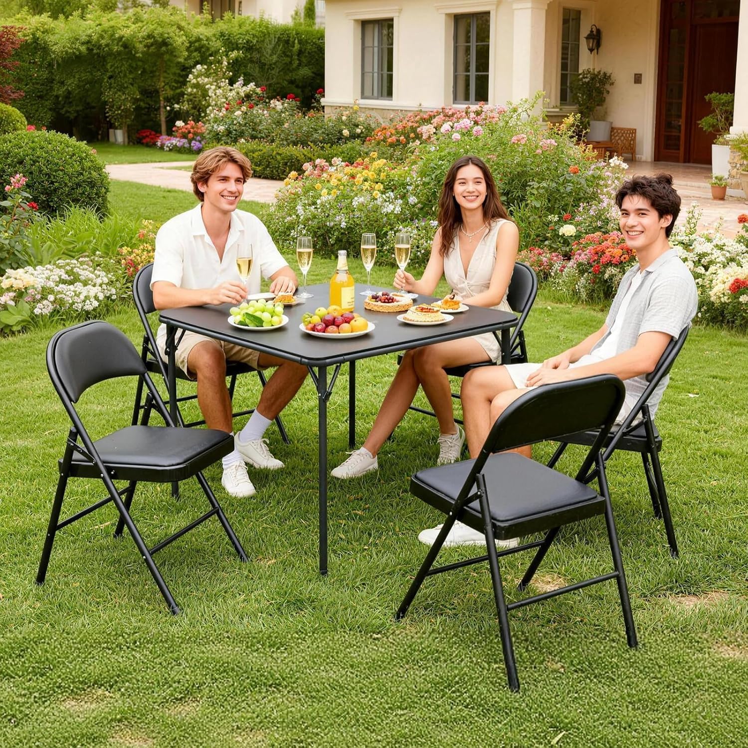 Square Folding Table, Portable Heavy Duty Card Table with Vinyl Top, Indoor Outdoor Foldable Table for Party, Picnic, Camping, Office & Events (Black)