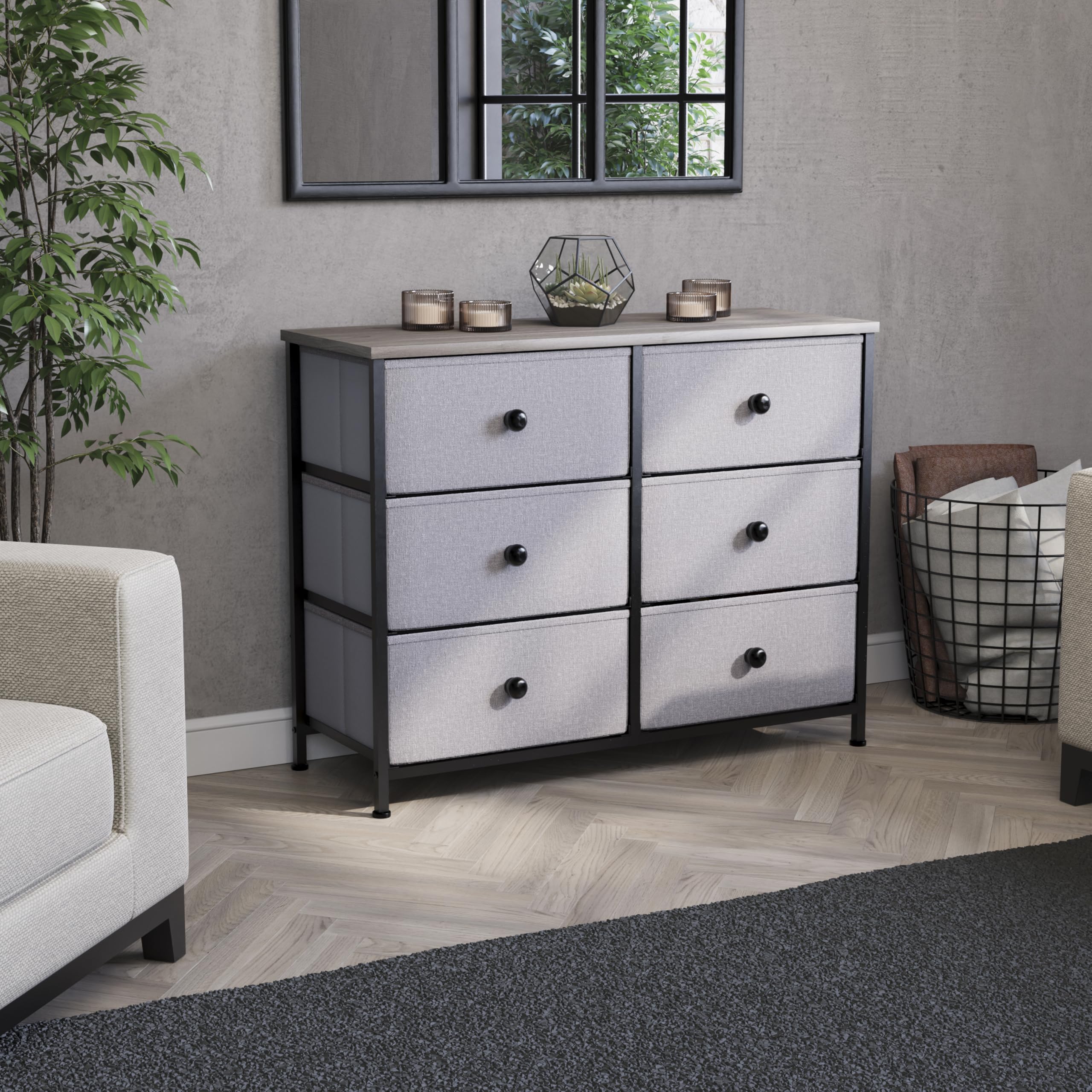 Vida Designs Chorley, cassettiera con 6 cassetti, in tessuto, con piano in legno, struttura in metallo e maniglie, ideale per camera da letto, soggiorno, cameretta dei bambini, legno beige e grigio