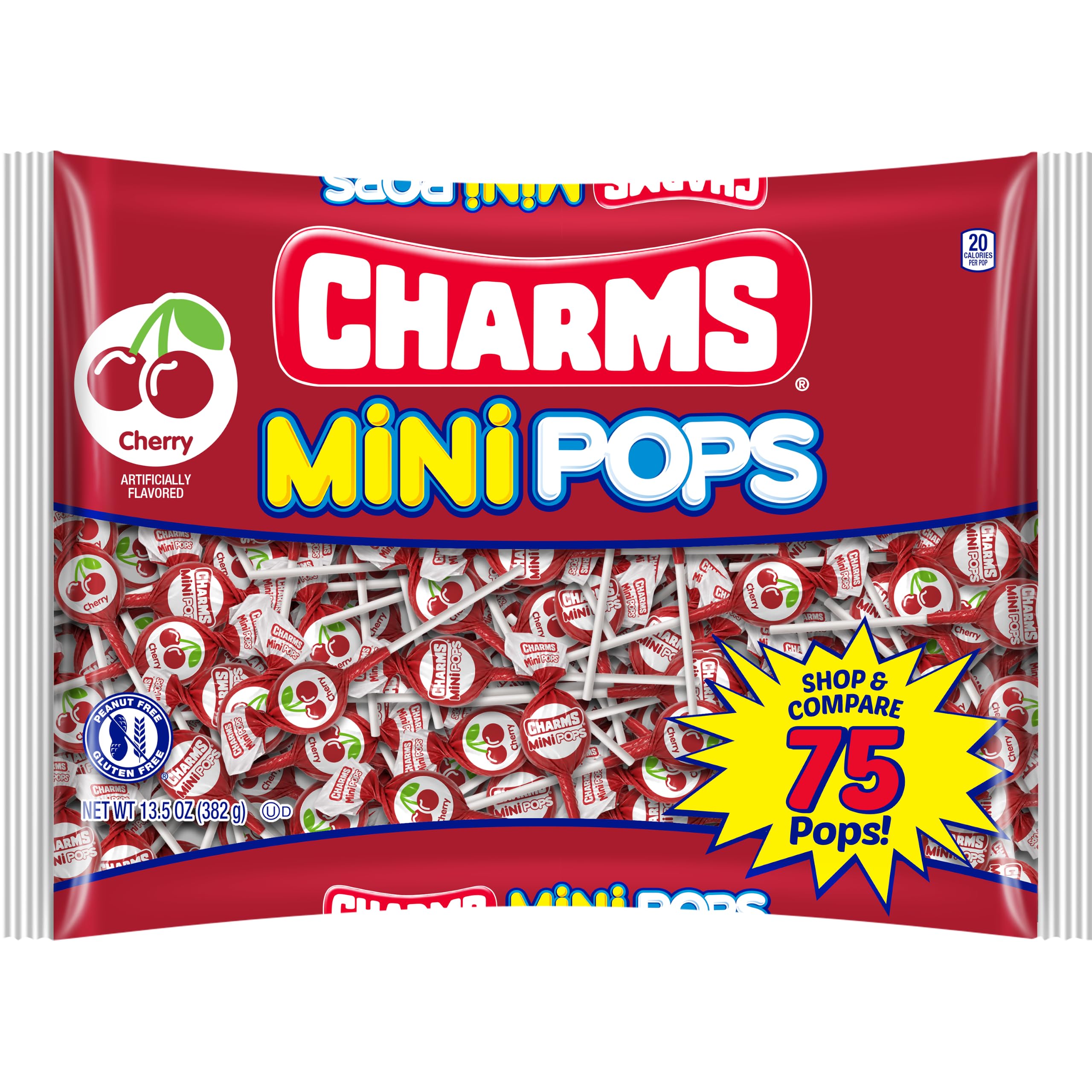 Charms Mini Pops Cherry Flavored Lollipops, 75 Count, 13.5oz (Pack of 1)