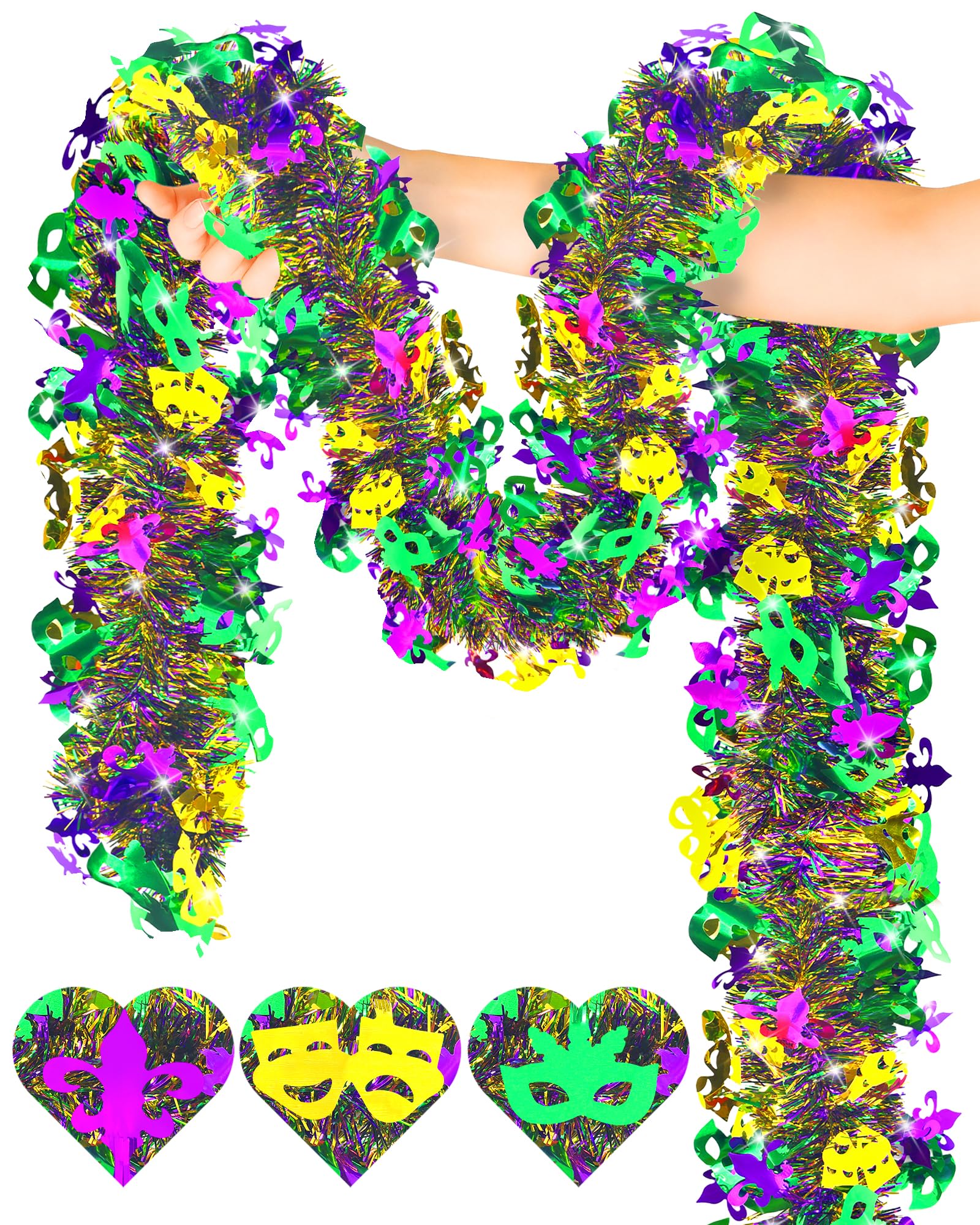 50ft Mardi Gras Tinsel Garland, Mardi Gras Decorations with Purple Green Gold Mask Decorations for Home Party Supplies