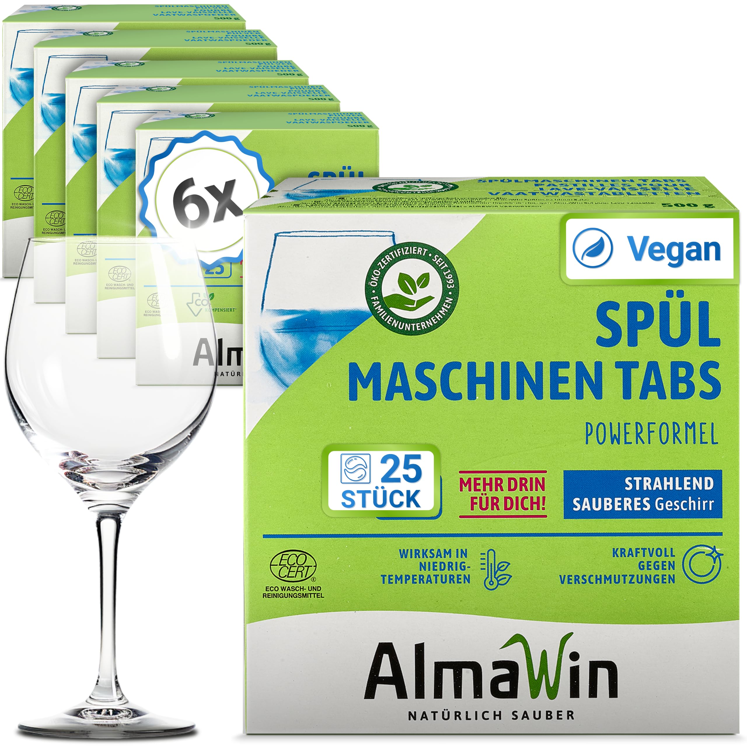 AlmaWin® Spülmaschinentabs [6x 25 Stück] mit Powerformel für strahlend sauberes Geschirr - Öko Spülmaschinentabs für leichte Dosierung - Kraftvolle Geschirrspültabs - Ohne Phosphat, Bio & VEGAN