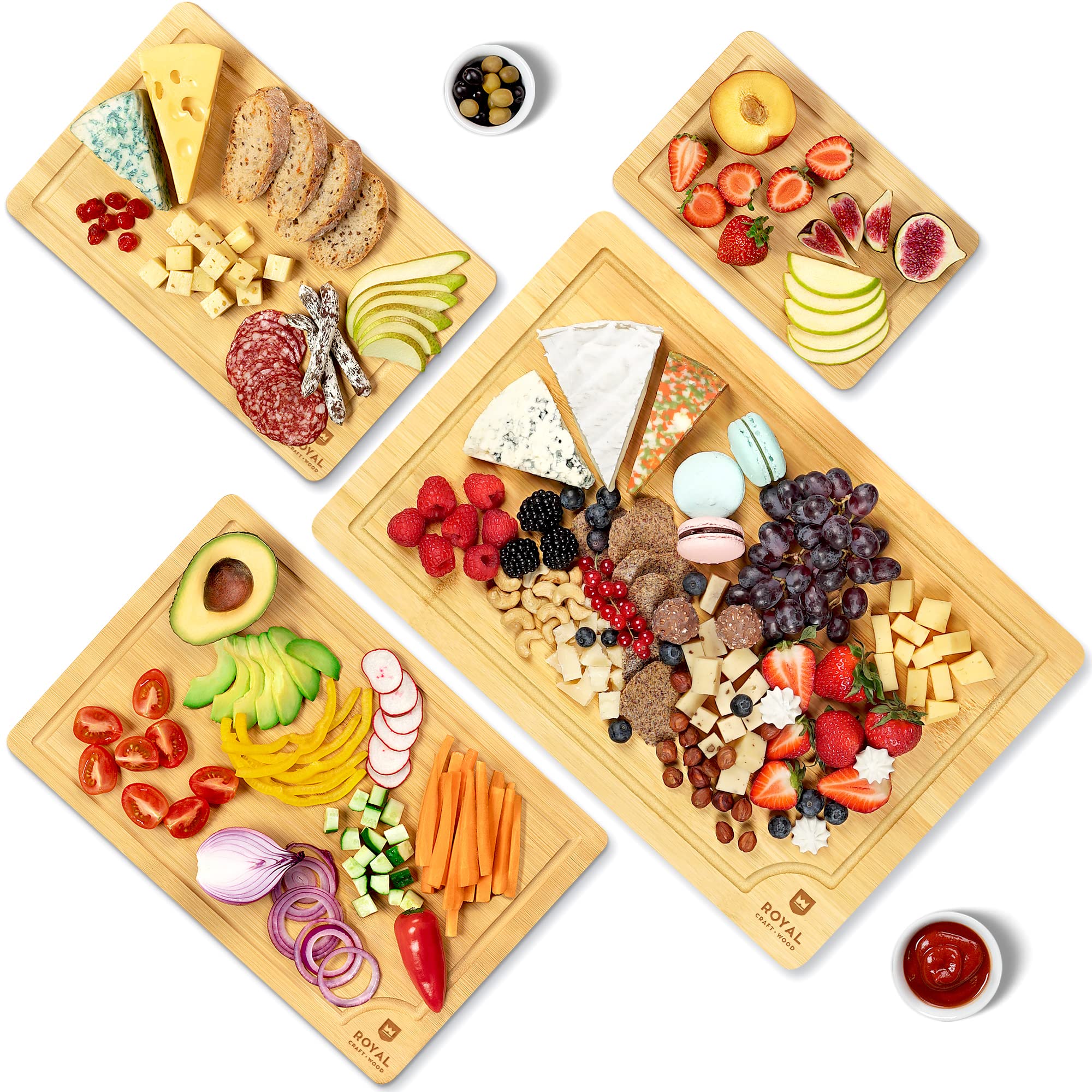 ROYAL CRAFT WOOD Wooden Cutting Boards for Kitchen Meal Prep & Cutting - Bamboo Wood Cutting Board Set with Deep Juice Groove Side Handles - Charcuterie & Chopping Butcher Block for Meat (4 Pcs)