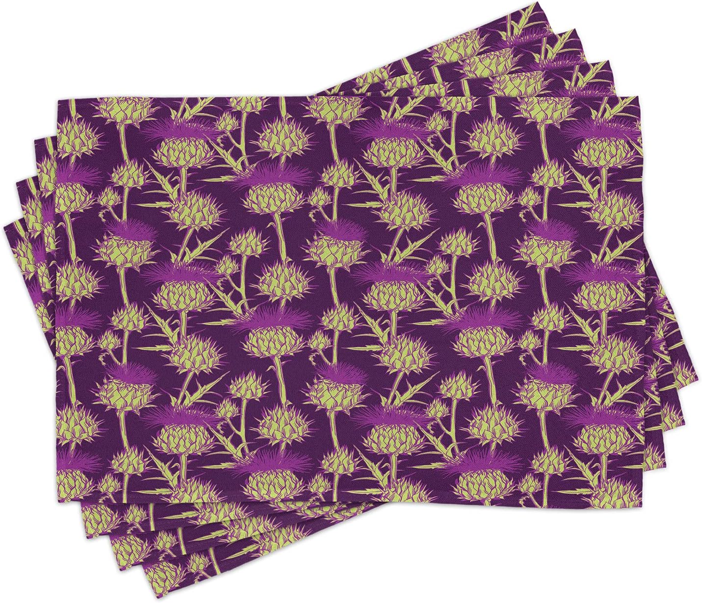 Ambesonne Thistle Place Mats Set of 4, Graphic Background with Vibrant Colored Scottish Thistles Pattern, Washable Fabric Placemats for Dining Table, Standard Size, Yellow Green